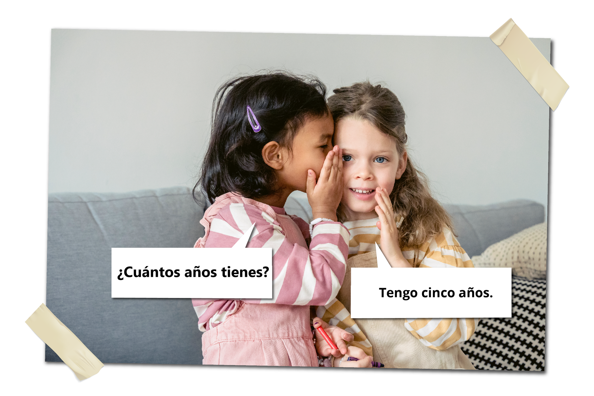 Ilustracja Przedstawia dwie kilkuletnie dziewczynki siedzące na kanapie. Jedna szepcze coś drugiej do ucha. Na grafice znajdują się dymki prezentujące dialog. Dziewczynka z lewej: ¿Cuántos años tienes? Dziewczynka z prawej: Tengo cinco años.