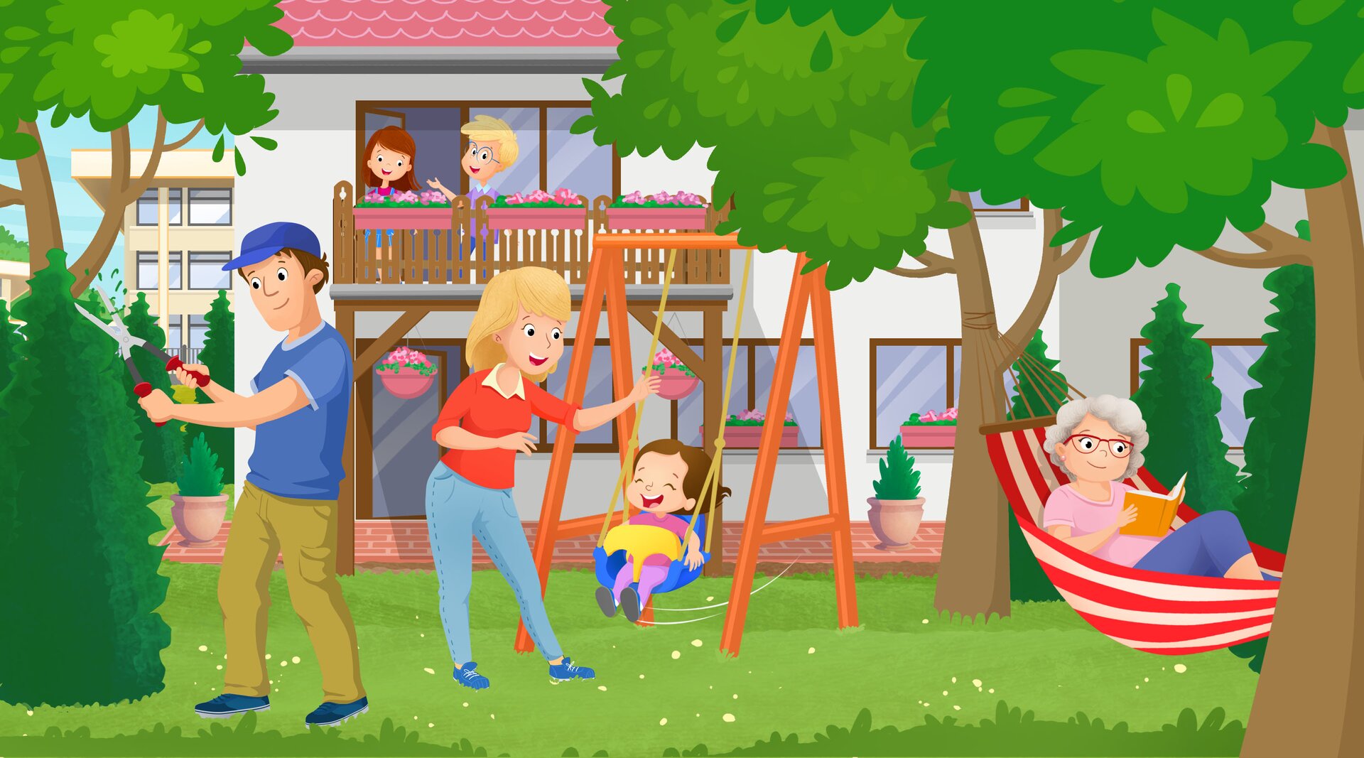 Obrazek przedstawia ogród, w którym znajduje się rodzina. Ojciec przycina żywopłot, a mama  huśta dziecko siedzące na huśtawce. Babcia wypoczywa na hamaku z książką. Na balkonie domu w głębi stoi dwójka dzieci - jasnowłosy chłopiec i dziewczynka o brązowych włosach. 