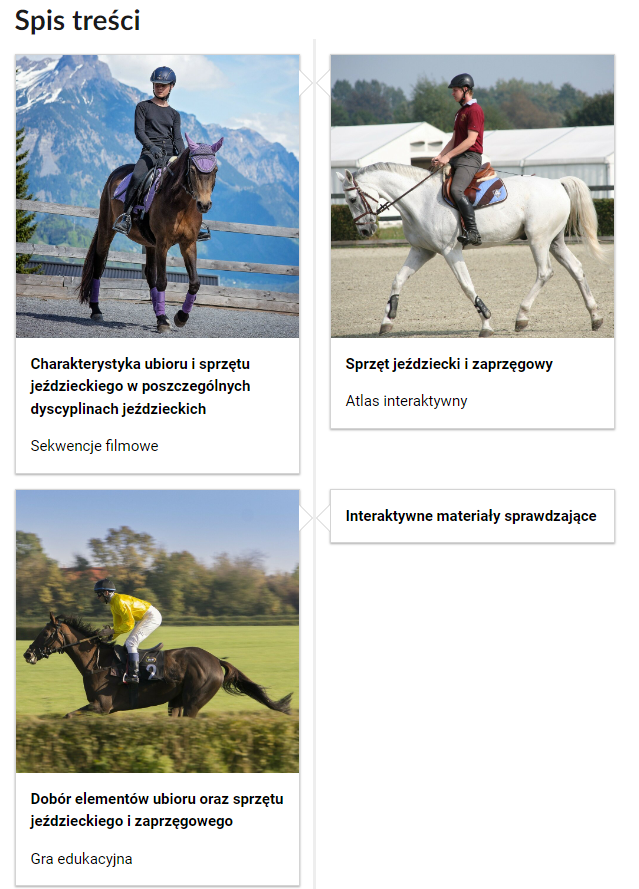 Grafika przedstawia cztery kafelki ze spisu treści, które znajdują się obok siebie. Mają prostokątny kształt. Trzy kafelki zawierają grafikę z symbolem danego multimedium oraz tytuł i nazwę multimedium. Czwarty kafelek zawiera jedynie nazwę multimedium. Kafelek pierwszy jest zatytułowany: Charakterystyka ubioru i sprzętu jeździeckiego w poszczególnych dyscyplinach jeździeckich. Są to sekwencje filmowe. Na zdjęciu znajduje się mężczyzna jadący na koniu maści kasztanowej. Drugi kafelek ma tytuł: Sprzęt jeździecki i zaprzęgowy. Jest to atlas interaktywny. Na zdjęciu znajduje się mężczyzna jadący na koniu siwej maści. Trzeci kafelek nosi tytuł: Dobór elementów ubioru oraz sprzętu jeździeckiego i zaprzęgowego. Jest to gra edukacyjna. Zdjęcie przedstawia jeźdźca galopującego na gniadym koniu. Czwarty kafelek jest zatytułowany: Interaktywne materiały sprawdzające. 