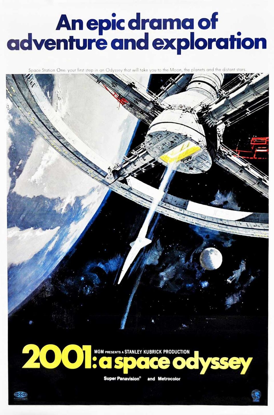 Ilustracja przedstawia plakat filmu, na którym widać w oddali słońce i planetę na czarnym tle. W górnej części są żółte napisy z tytułem 2001 a spacy odyssey, An epic drama of adventure and exploration, (tłum: Kosmiczna odyseja, epicki dramat o przygodzie i odkrywaniu). Na dole plakatu, na pierwszym planie widać głowę i piersi niemowlęcia.