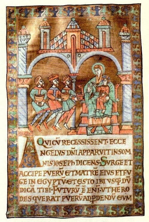 Obraz średniowieczny przedstawia znajdującą się w budynku Matkę Boską z Jezusem na kolanach. Kobieta siedzi na tronie w pałacowym budynku. Widoczne są wieże i łukowate kolumny budynku. Podchodzi do nich trzech mężczyzn z darami. Poniżej na obrazie zamieszczone inskrypcję w języku łacińskim. 