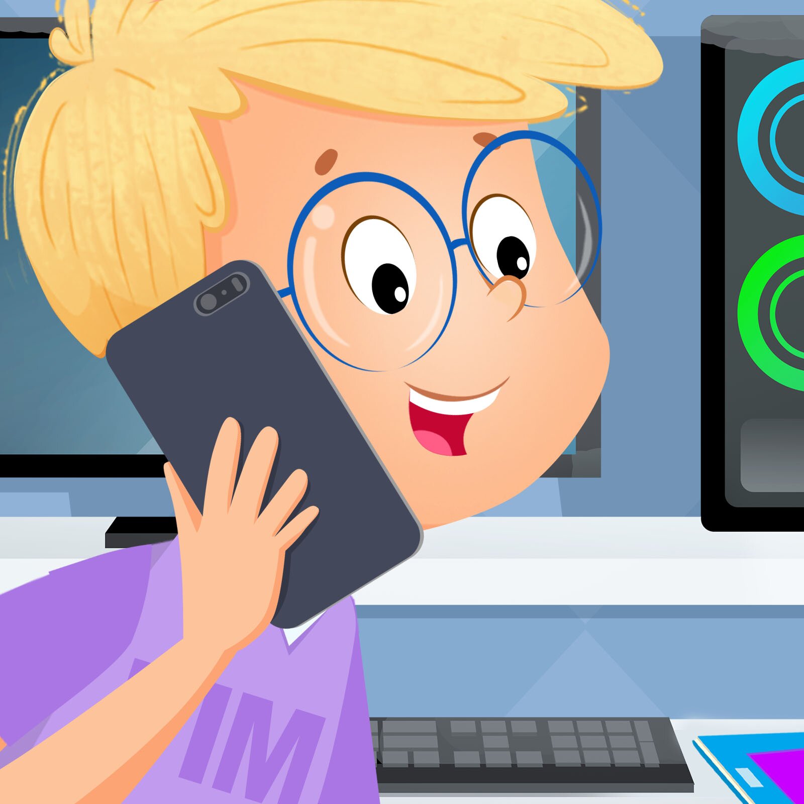 Ilustracja przedstawia Tima rozmawiającego przez telefon.