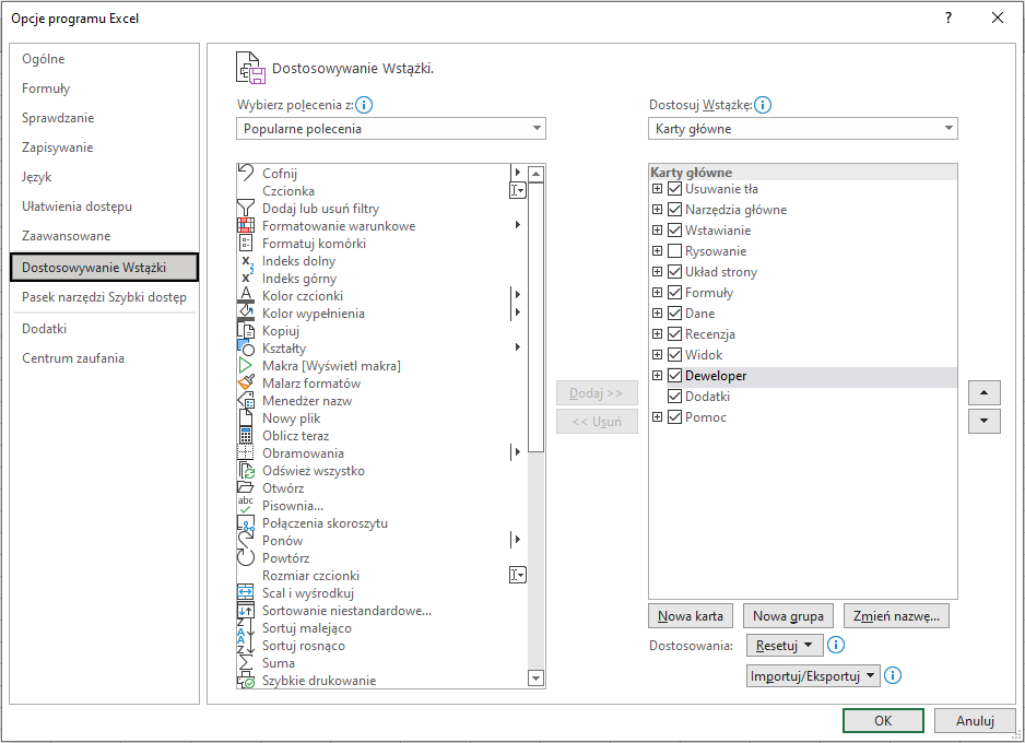 Ilustracja przedstawia okno o nazwie: Opcje programu Excel. Z listy wybrano opcję: Dostosowywanie Wstążki. Po prawej stronie okna w opcji Dostosuj wstążkę zaznaczono: Deweloper. Zastosowano przycisk OK. 