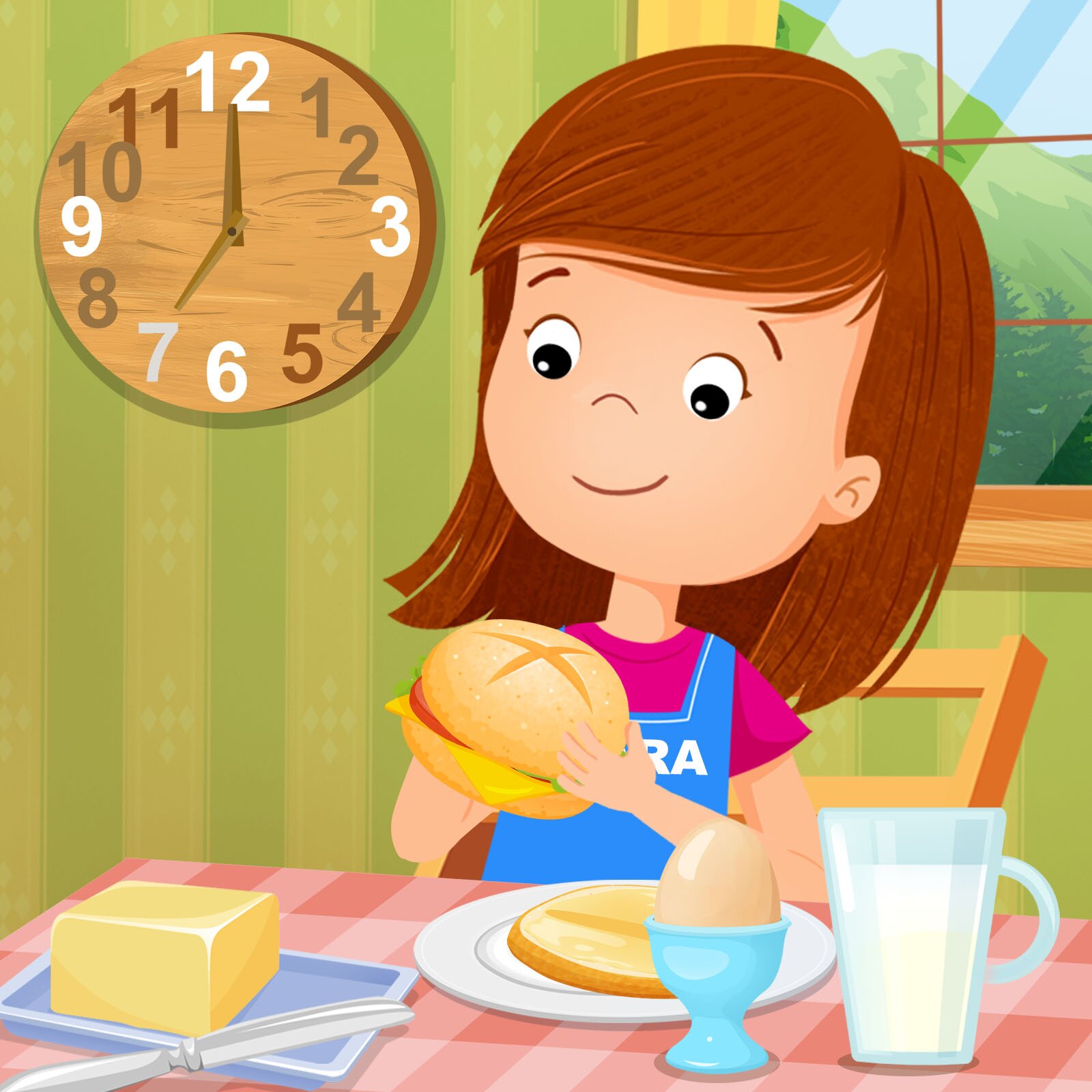 Ilustracja przedstawia dziewczynkę, która je śniadanie. Na ścianie wisi zegar, który wskazuje godzinę 7:00.