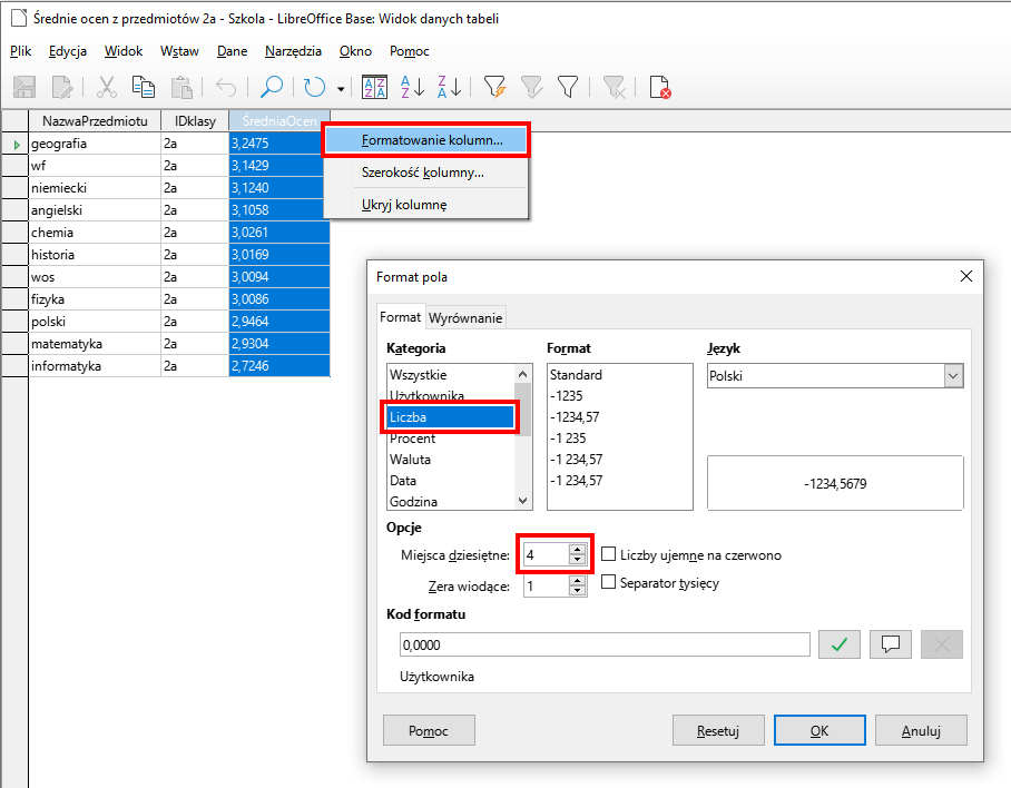 Zrzut ekranu przedstawia fragment dokumentu w programie  LibreOffice Base  Średnie ocen z przedmiotów 2a – Szkola  LibreOffice Base  : Widok danych tabeli. Na górze znajduje się pasek menu, a poniżej tabela z nagłówkami: NazwaPrzedmiotu, IDklasy, ŚredniaOcen. W komórkach tabeli znajdują się znawy przedmiotów, symbole klasy oraz średnia ocen z dokładnością do 4 miejsc po przecinku. Ten wiersz jest zaznaczony kolorem niebieskim, na jego tle znajduje się rozwinięta lista z zaznaczoną w czerwonej ramce pozycją: Formatowanie kolumn… . Na tle dokumentu znajduje się duże okno z mniejszymi okienkami. W okienku Kategoria w czerwonej ramce znajduje się opcja: Liczba, w okienku Język: Polski, w polu opcje – Miejsca dziesiętne wybrana cyfra liczba 4 (pole w czerwonej ramce), a w Zera wiodące cyfra 1. W polu Kod formatu widnieje wartość: 0,0000, a na dole okna są cztery prostokątne przyciski: Pomoc, Resetuj, OK, Anuluj.