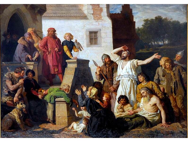 Obraz przedstawia dwie grupy ludzi. Rozdzielają je schody i murek. Ludzie na schodach są czyści i dobrze ubrani. Druga grupa ubrana jest w łachmany, postacie wyglądają na chore i zmęczone.