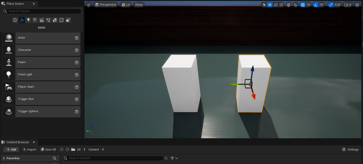 Ilustracja przedstawia okno programu. Po lewej stronie jest panel o nazwie Basic. Tam opcje, między innymi: Actor, Character, Pawn. W obszarze roboczym są dwa białe prostopadłościany. Na powierzchni jednego z nich są trzy strzałki wychodzące z jednego punktu: strzałka w górę, w dół oraz skierowana w lewo. Obok jest prostopadłościan tej samej wielkości,  bez strzałek. 