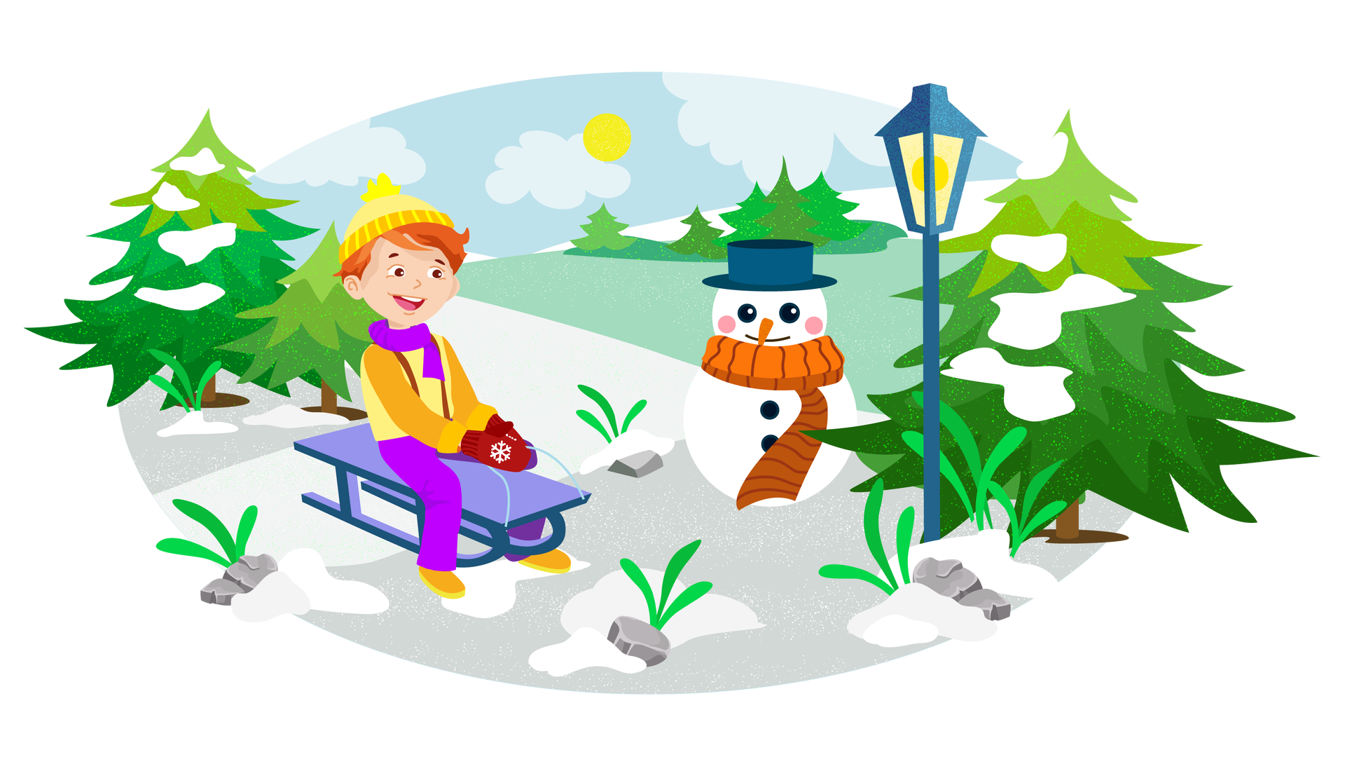 Ilustracja przedstawia rozległy ośnieżony teren porośnięty zielenią. W tle widać błękitne niebo ze słońcem i jasnymi chmurami. Dokoła rosną różnej wielkości drzewa iglaste. Niektóre z nich są odrobinę przykryte śniegiem. Po prawej stronie stoi niebieska latarnia, która jest włączona i daje ciepłe światło. Obok niej jest bałwan ubrany w granatowy kapelusz i pomarańczowy szalik w paski. Po lewej stronie są fioletowe sanki, na których siedzi Franek. Jest ubrany w żółtą kurtkę, długie fioletowe spodnie, żółtą czapkę z pomponem, fioletowy szalik, bordowe rękawiczki z wyszywaną na każdej z nich pojedynczą białą śnieżynką i pomarańczowe buty z żółtymi podeszwami. Chłopiec trzyma w rękach sznurek przymocowany do sanek, patrzy przed siebie i szeroko się uśmiecha.