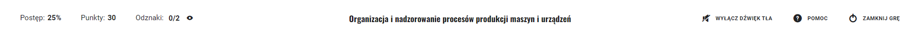 Przykładowy pasek górny z przyciskami w grze. Kolejne informacje to: postęp i wynik procentowy, punkty i ich ilość, odznaki i podana ilość zdobytych oraz możliwych do uzyskania, obok symbol oka. Następnie nazwa gry, przycisk włącz lub wyłącz dźwięk, przycisk pomoc oraz przycisk zamknij grę.