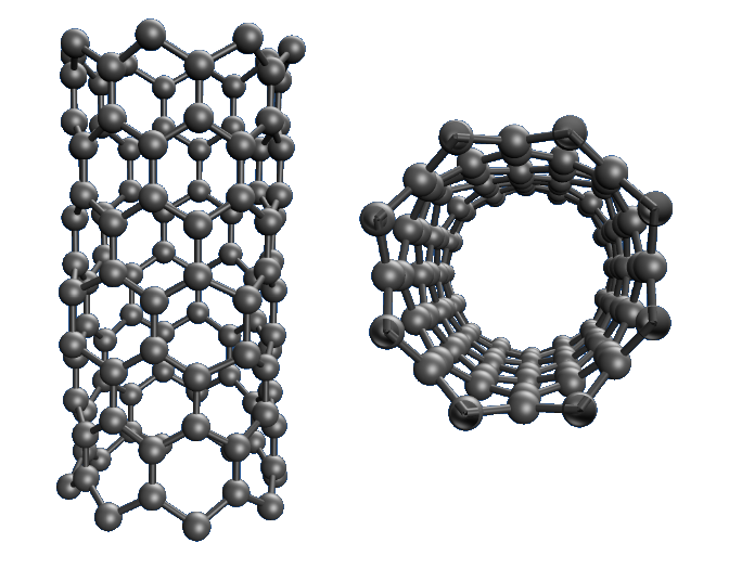 Ilustracja przedstawiająca strukturę nanorurek węglowych. Mają postać pustych w środku walcowatych tworów, których ściany zbudowane są z warstwy utworzonej przez sześcioczłonowe pierścienie węglowe. Każdy atom węgla w warstwie łączy się z trzema innymi również należącymi do tejże warstwy.