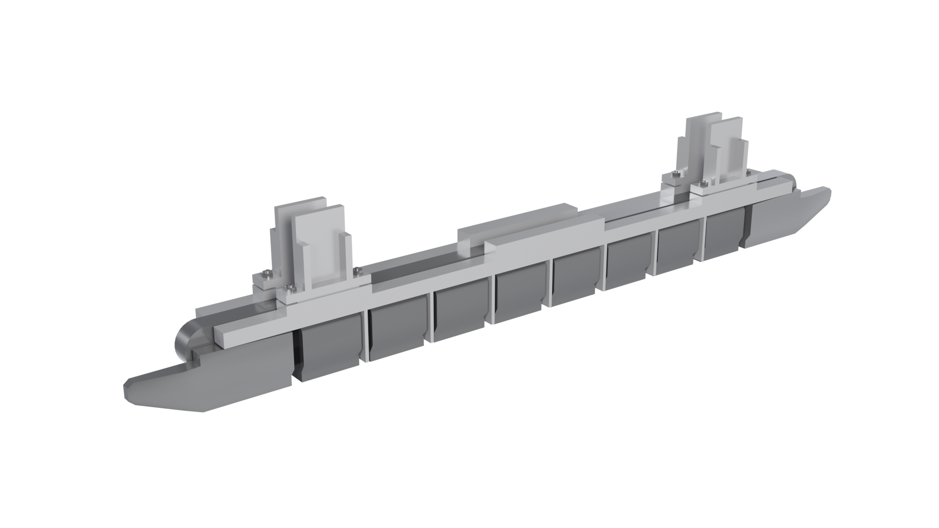Ilustracja przedstawia hamulec szynowy wiroprądowy typu liniowego. Jest to podłużny element montowany do pojazdów szynowych. Zbudowany jest z podłużnego elektromagnesu o poprzecznym magnesowaniu. Na górze elementu znajdują się dwie płytki ślizgowe, które mają za zadanie prowadzenie nad powierzchnią szyny.