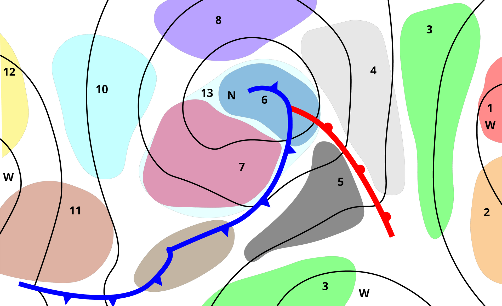 Ilustracja przedstawia schemat niżu i wyżu oraz występowania obszarów wywołujących różne objawy chorobowe. Niż oznaczono literą N, wyż literą W. Widoczne są izobary - linie łączące punkty o takim samym ciśnieniu atmosferycznym,  przypominają okręgi od najmniejszego do największego, i różnych kształtów kolorowe pola oznaczające obszary wywołujące objawy chorobowe.  Na kolorowych polach są różne cyfry, na przykład na polu zielonym jest cyfra 3 - na pograniczu wyżu i niżu, na fioletowym 8 - występuje nieco dalej od centrum niżu, na niebieskim 10 - jest na skraju niżu. Cyfry są od 1 do 12. 