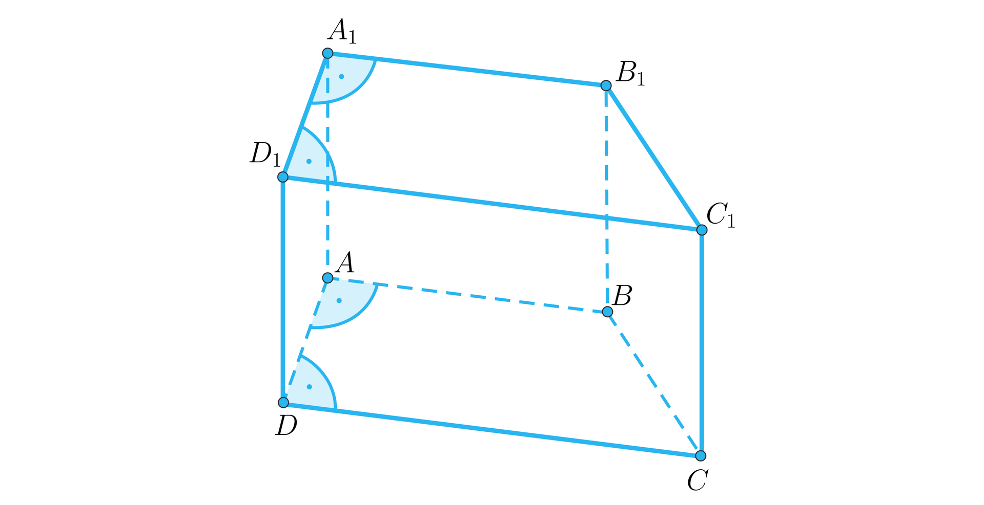 Na ilustracji przedstawiono graniastosłup prosty czworokątny, którego podstawy stanowią trapezy prostokątne. Podstawę dolną oznaczono wielkimi literami alfabetu od A do D, natomiast podstawę górną odpowiadającymi im literami z cyfrą jeden w indeksie dolnym. Kąty w podstawach przy wierzchołku A, D, A z indeksem dolnym jeden oraz D z indeksem dolnym jeden, wynoszą dziewięćdziesiąt stopni.