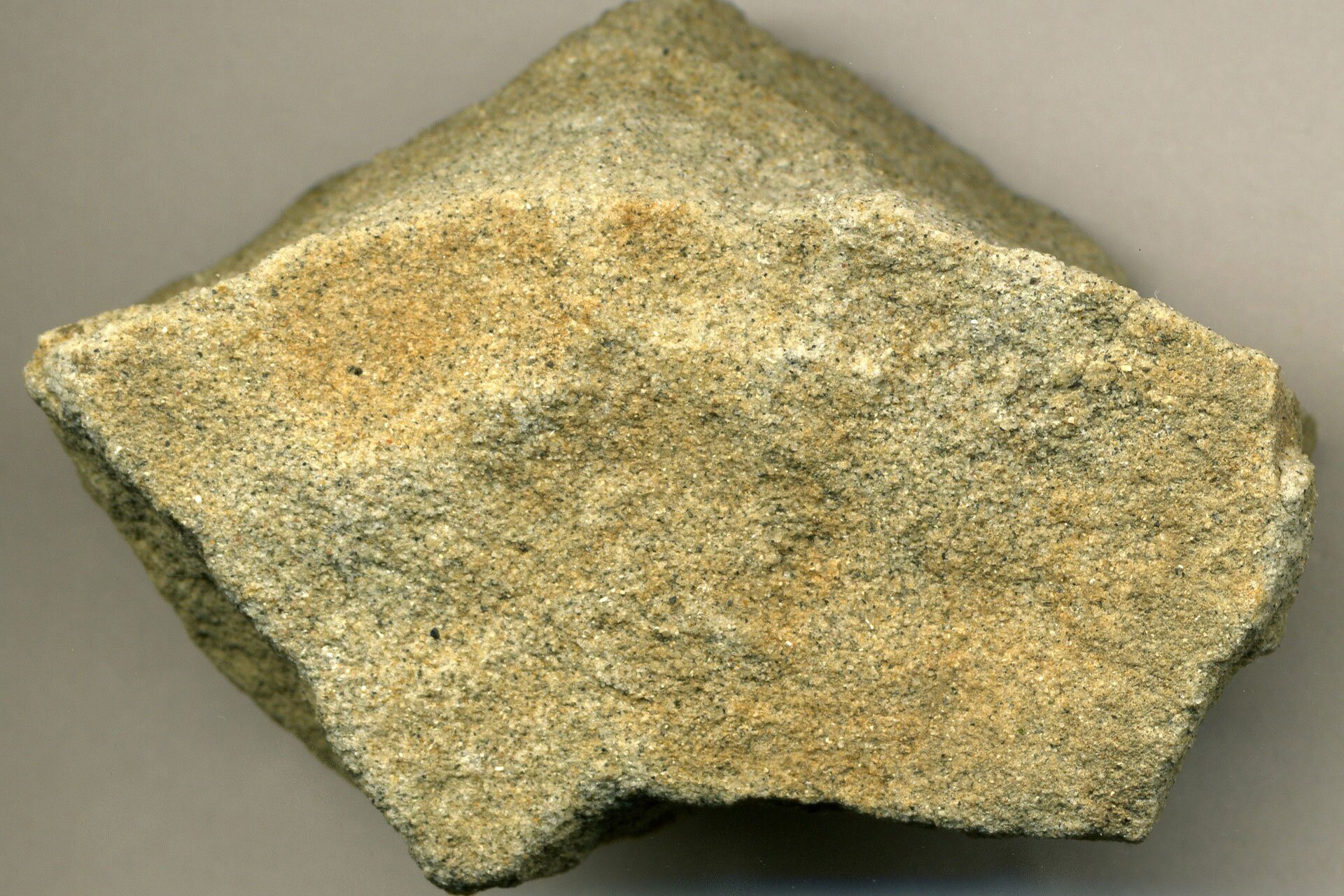 Fotografia przedstawia żółto-szary piaskowiec. Piaskowiec zbudowany jest z licznych ziarenek piasku, toteż w skale widać zagłębienia, nierówności. Bryła ma stosunkowo łagodne krawędzie.