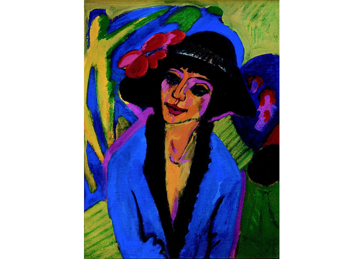 Obraz przedstawia kobietę z krótkimi, czarnymi włosami, ubraną w futro z czarnym kołnierzem. Uśmiecha się. Ma wydatne,  zaakcentowane czerwone usta. Na głowie czarny kapelusz z czerwonym kwiatem po lewej stronie. W tle po lewej stronie tańcząca para.