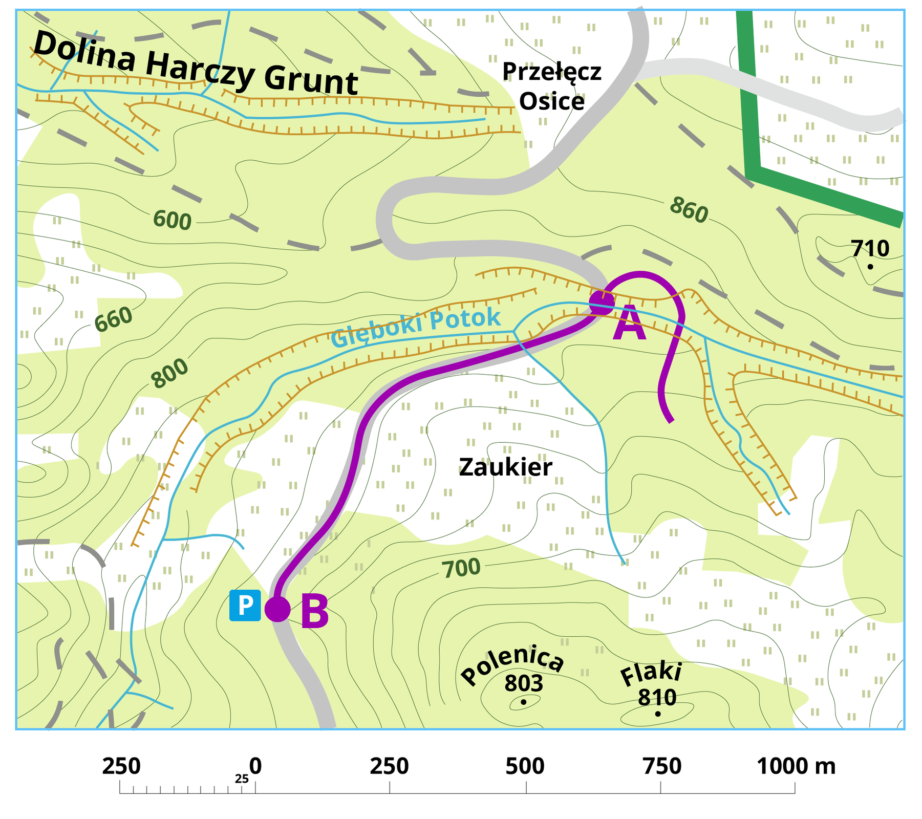 Mapa przedstawiająca wycinek górskiego terenu. Pośrodku poprowadzony odcinek z punktu A do punktu B na stoku. Na mapie zostały naniesione nazwy takie jak Dolina Harczy Grunt, Przełęcz Osice, Zaukier, Polenica, Flaki. Oznaczono również Głęboki Potok. Na mapie widoczne są poziomice wraz z oznaczonymi wysokościami. Pod mapą znajduję się skala liniowa.