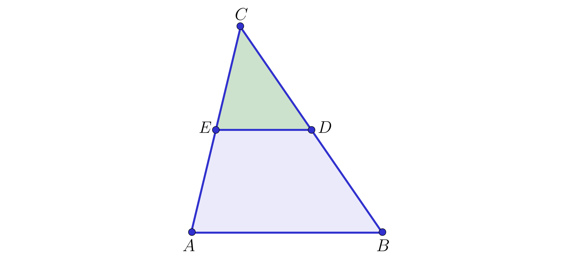 Na ilustracji przedstawiono trójkąt ABC. Zaznaczono środek boku AC w punkcie E, oraz środek boku BC w punkcie D. Punkty E i D połączono i zielonym kolorem zacieniowano powstały trójkąt EDC.