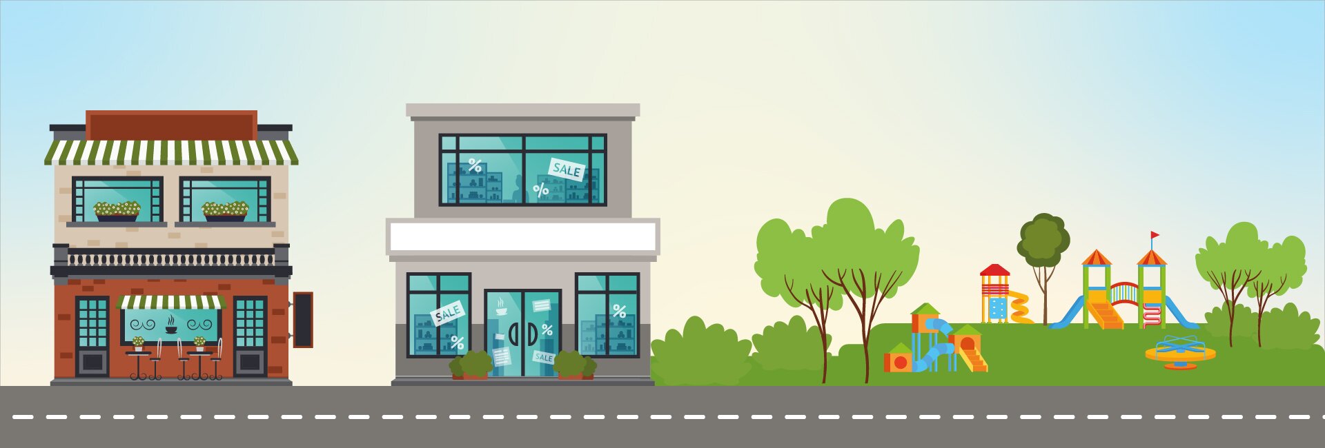 Ilustracja przedstawia długą drogę. Przy drodze znajduje się restauracja sklep oraz plac zabaw. Restauracja znajduje się koło sklepu. Sklep znajduje się koło placu zabaw.