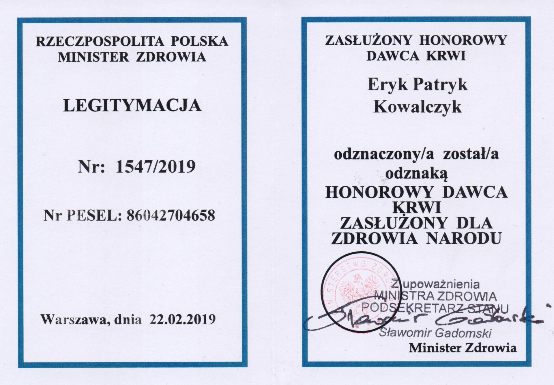 Kliknij, aby powiększyć Zdjęcie legitymacji Honorowego Dawcy Krwi Zasłużonego dla Zdrowia i Narodu.