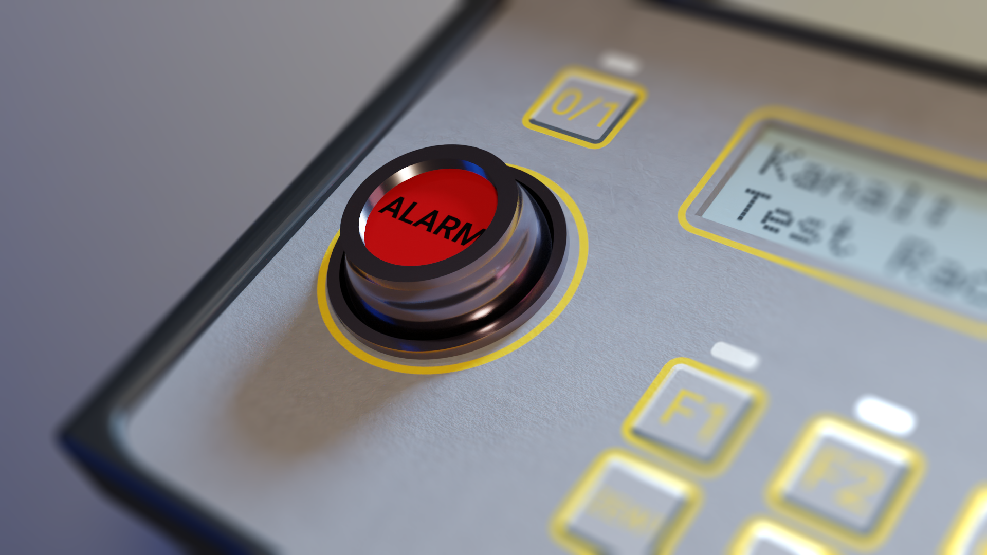Na zdjęciu przedstawiony jest duży czerwony przycisk z napisem alarm. Jest on umieszczony na konsoli. Powyżej przycisku oraz na prawo od niego znajdują się przyciski. Powyżej przycisków znajdujących się po prawej stronie jest wyświetlacz z tekstem. Wszystkie przyciski i wyświetlacz mają żółtą obramówkę. 