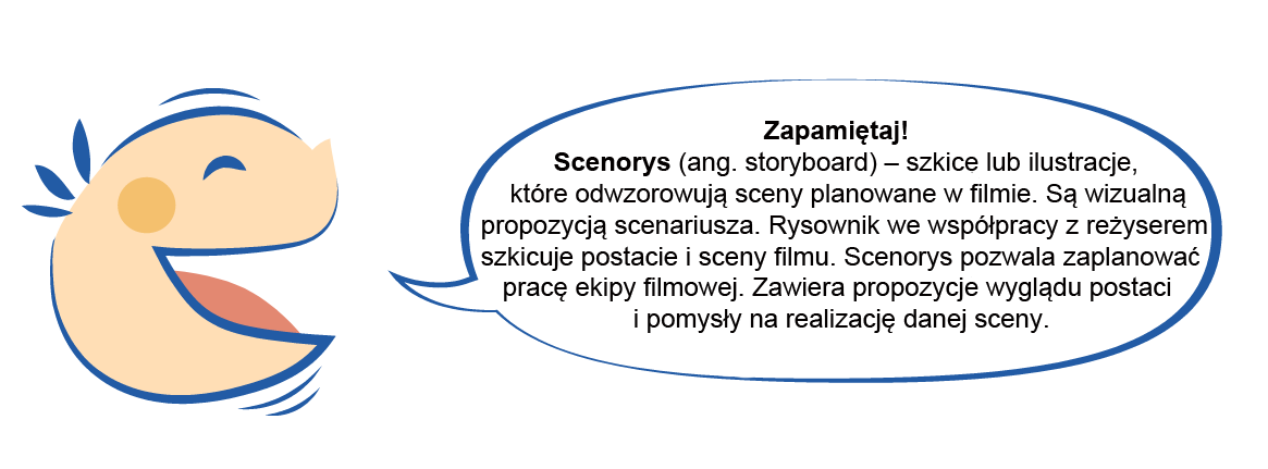 Grafika przedstawiająca po lewej stronie uśmiechniętą buzię dziecka, które mówi, na prawo od niej dymek z napisem: Zapamiętaj! Scenorys (ang. storyboard) – szkice lub ilustracje, które odwzorowują sceny planowane w filmie. Są wizualną propozycją scenariusza. Rysownik we współpracy z reżyserem szkicuje postacie i sceny filmu. Scenorys pozwala zaplanować pracę ekipy filmowej. Zawiera propozycje wyglądu postaci i pomysły na realizację danej sceny.