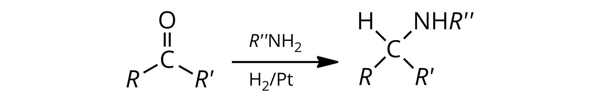 Ilustracja przedstawiająca równanie reakcji chemicznej. Cząsteczka związku karbonylowego zbudowanego z atomu węgla połączonego za pomocą wiązania podwójnego z atomem tlenu oraz za pomocą wiązań pojedynczych z podstawnikiem R i z grupą R prim. Strzałka w prawo, nad strzałką wzór ogólny aminy pierwszorzędowej podstawnik R dwa prim  połączony z grupą aminową NH2. Pod strzałką wodór H2 na platynie Pt. Za strzałką cząsteczka aminy zbudowana z atomu węgla połączonego za pomocą wiązań pojedynczych z następującymi podstawnikami. R,  R prim, z atomem wodoru oraz z atomem azotu połączonym z podstawnikiem R dwa prim oraz z atomem wodoru. 