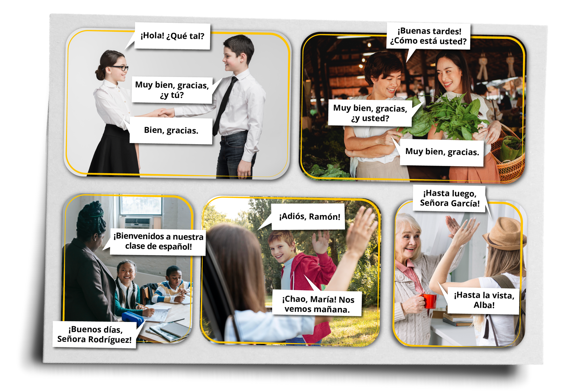 Grafika przedstawia pięć zdjęć wraz z dialogami w chmurkach, które przedstawiają sytuacje przywitania lub pożegnania. Na pierwszym zdjęciu znajdują się dziewczynka i chłopiec. Dziewczynka ubrana jest w białą koszulę i czarną spódniczkę. Ma okulary w czarnych oprawkach oraz ciemne, związane włosy. Uśmiecha się. Chłopiec ubrany jest w białą koszulę i czarne spodnie. Ma czarny krawat i ciemne, krótkie włosy. Uśmiecha się. Chłopiec i dziewczynka podają sobie ręce na przywitanie. Dziewczynka mówi: „¡Hola! ¿Qué tal?”. Chłopiec odpowiada: „Muy bien, gracias, ¿Y tú?”. Dziewczynka odpowiada: „Bien, gracias”.Kolejne zdjęcie przedstawia dwie, uśmiechnięte kobiety na hali targowej. Obie ubrane są w białe bluzki i jasne spódniczki. W rękach trzymają zielone rośliny. Jedna z kobiet ma ciemne, krótkie włosy, a druga długie, ciemne włosy. Jedna z kobiet mówi: „¡Buenas tardes! ¿Cómo está usted?”. Druga kobieta odpowiada: „Muy bien, gracias, ¿y usted?". Pierwsza odpowiada: „Muy bien, gracias”.Trzecie zdjęcie przedstawia chłopca i dziewczynkę siedzących w ławce szkolnej. Oboje trzymają w dłoniach długopisy i mają otwarte zeszyty. Obok ławki stoi nauczycielka widziana od tyłu. Nauczycielka patrzy na dzieci, a dziewczynka patrzy na nauczycielkę i uśmiecha się. Nauczycielka mówi: „¡Bienvenidos a nuestra clase de español!”. Dziewczynka odpowiada: „¡Buenos días, Señora Rodríguez!”.Kolejne zdjęcie przedstawia chłopca i dziewczynę: Ramona i Marię. Na pierwszym planie widać od tyłu Marię, która wygląda przez okno samochodu i macha ręką w stronę Ramona. Ramon stoi obok samochodu, macha ręką i uśmiecha się. Ubrany jest w czerwoną bluzę, białą koszulkę i niebieskie spodnie. Maria mówi: „¡Adiós, Ramón!”. Ramon odpowiada: „¡Chao, María! Nos vemos mañana”.Ostatnie zdjęcie przedstawia dwie kobiety: starszą oraz młodą, które machają do siebie. Starsza kobieta jest uśmiechnięta, a w ręku trzyma czerwony kubek. Ubrana jest w beżowy sweter i różową koszulę. Młoda kobieta widziana jest od tyłu. Ma plecak na plecach i słomkowy kapelusz na głowie. Mówi: „¡Hasta luego, Señora García!”. Starsza kobieta odpowiada: „¡Hasta la vista, Alba!”.