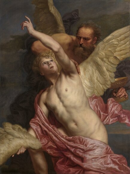 Obraz przedstawia dwóch mężczyzn. Młodszy z mężczyzn jest półnagi. Za jego plecami starszy mężczyzna mocuje do pleców duże, skrzydła. Młodszy mężczyzna wskazuje coś w górze lewą ręką.