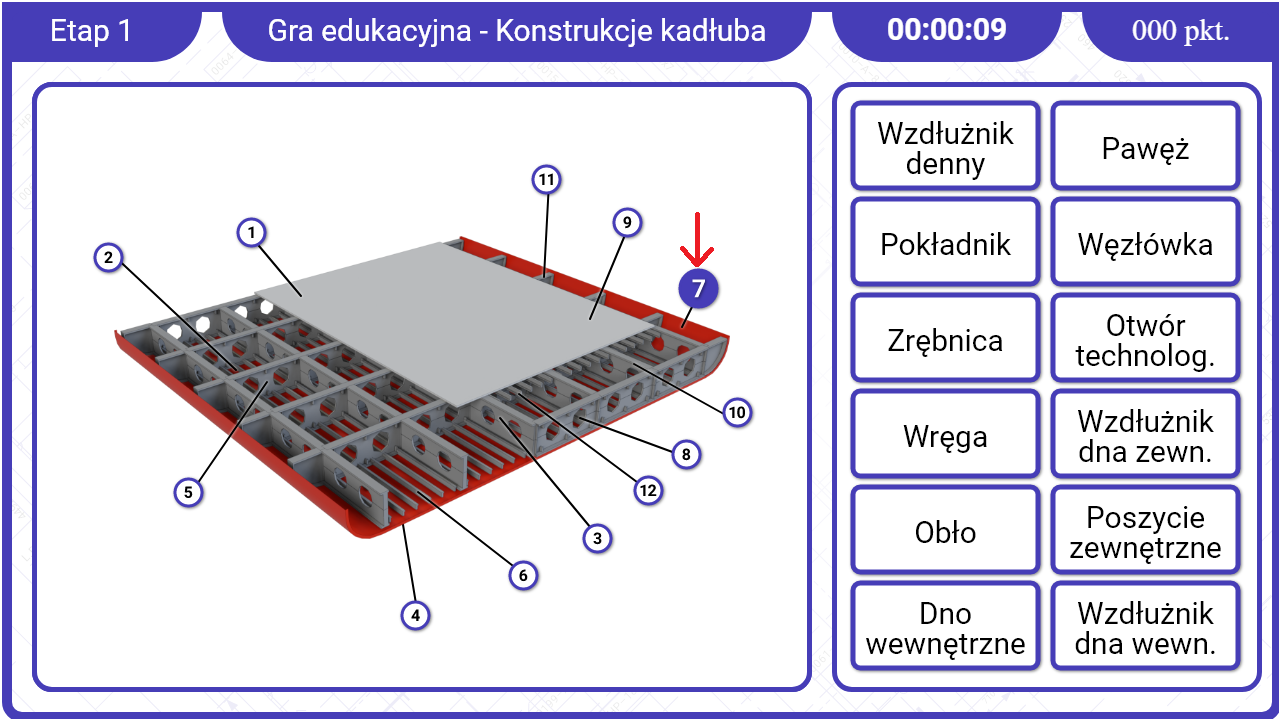 Grafika przedstawia ekran gry edukacyjnej. Po lewej stronie ekranu znajduje się fragment konstrukcji kadłuba. Jego liczne elementy posiadają znaczniki z numerami. Kółka z numerami są białe w środku. Jedno z nich jest niebieskie. Wskazuje je czerwona strzałka. Po prawej stronie ekranu znajdują się prostokąty z nazwami. Ułożone są one w dwóch kolumnach. W górnej części ekranu znajduje się pasek z informacjami. Zaczynając od lewej są to: numer etapu, tytuł gry, czas, punktacja.