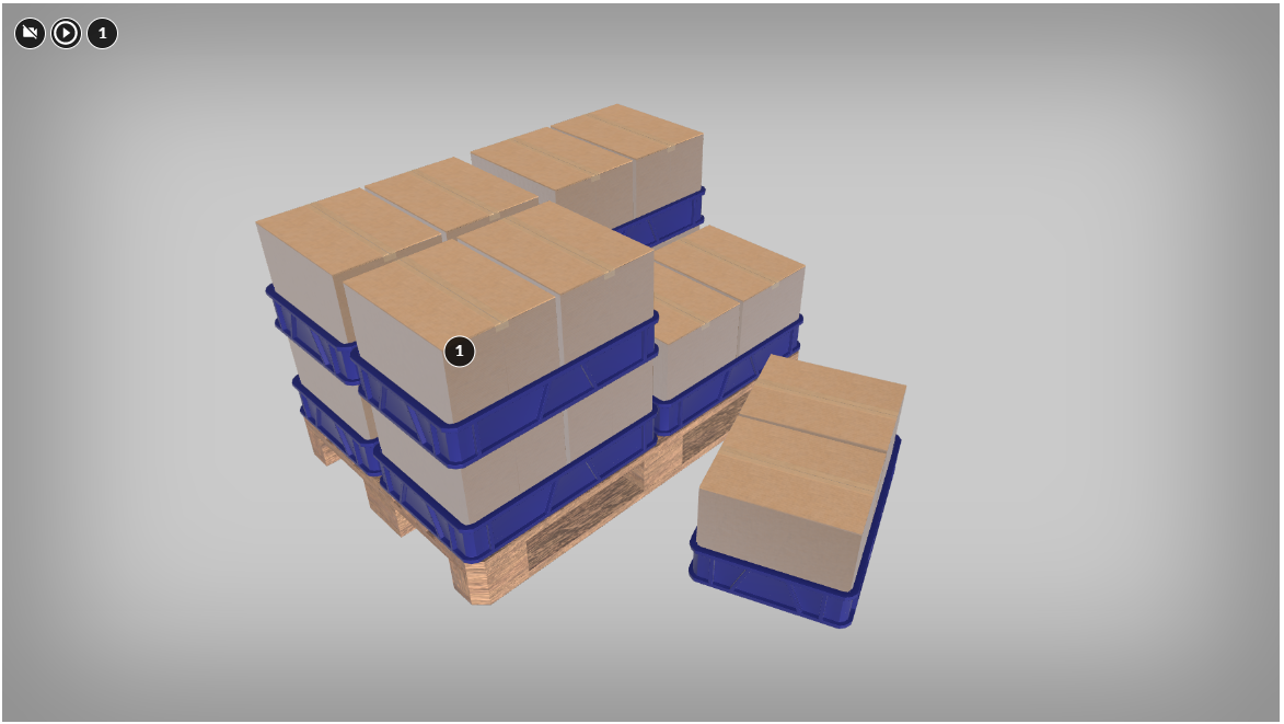 Grafika przedstawia model palety wypełnionej kartonowymi pojemnikami, na modelu widoczny jest punkt interaktywny. W lewym górnym rogu grafiki znajdują się trzy ikony. Pierwsza to kamera, po kliknięciu w którą model zaczyna się obracać. Druga to plej a trzecia to liczba jeden w okręgu oznaczająca, że na grafice znajduje się jeden punkt interaktywny. 