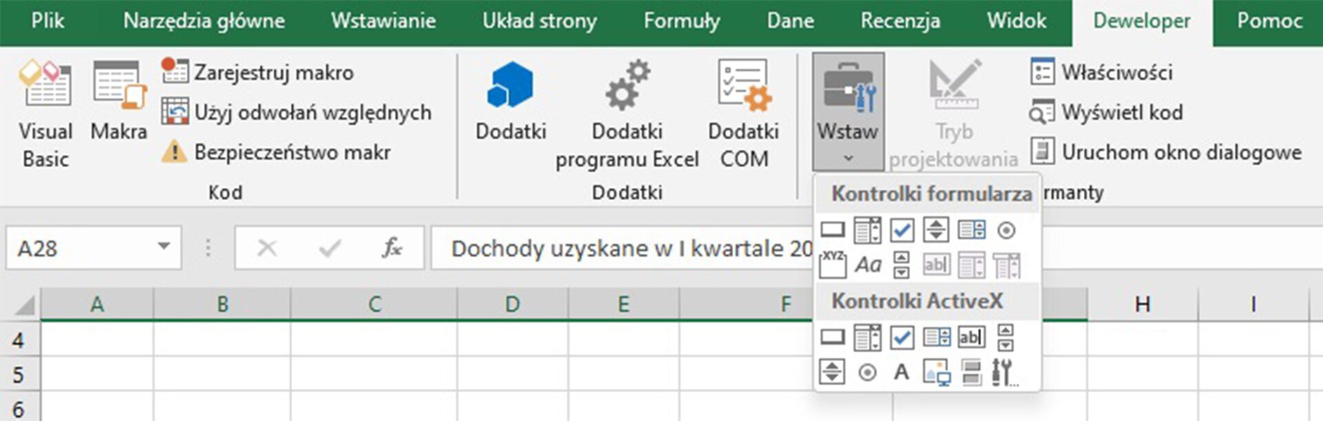 Ilustracja przedstawia arkusz kalkulacyjny. Po lewej stronie arkusza są kontrolki formularza w postaci różnorodnych ikon.  