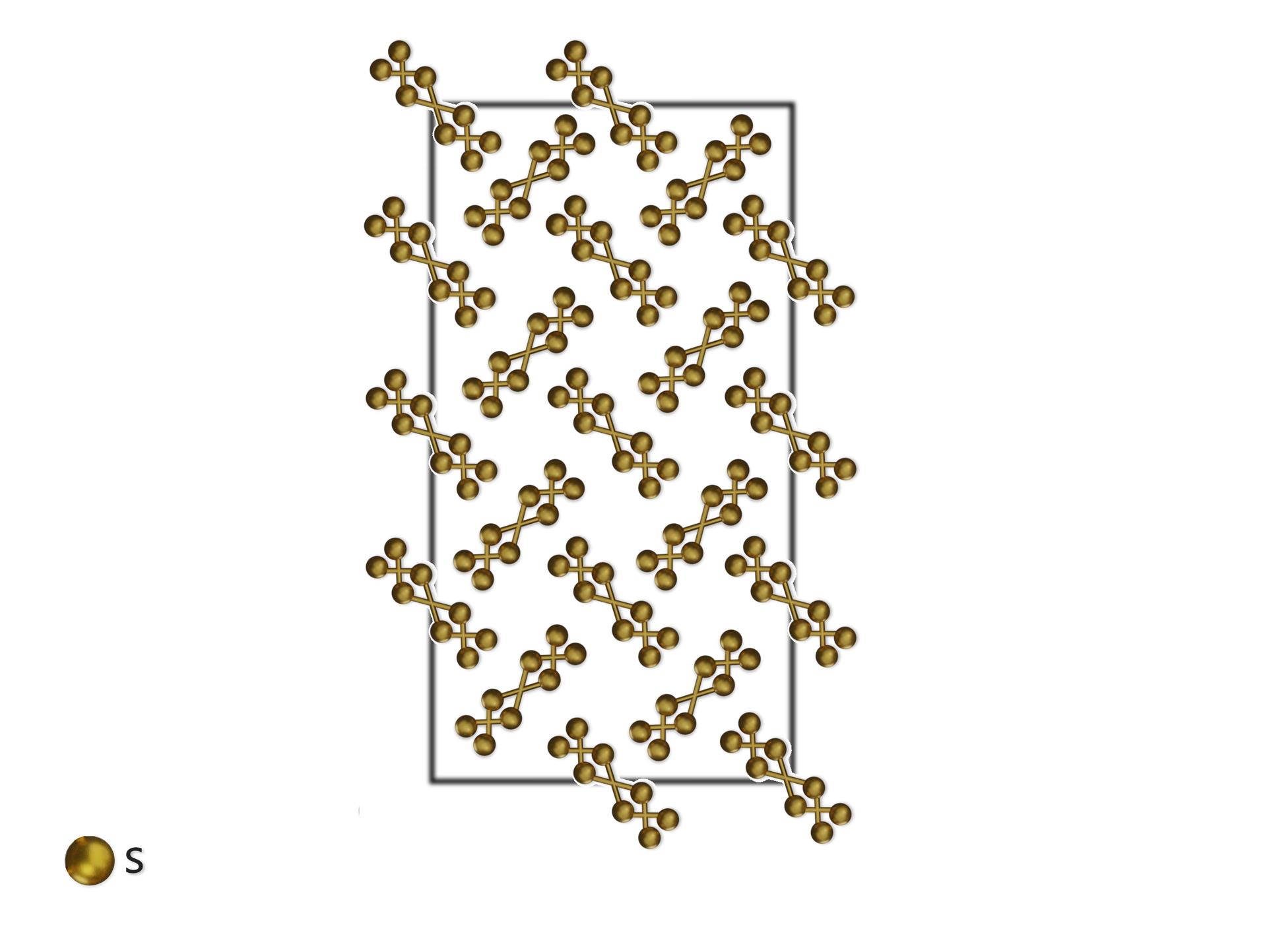 Ilustracja przedstawia strukturę siarki jednoskośnej. Pionowy prostokąt składa się z dwudziestu jeden ośmioczłonowych pierścieni siarki S8, w których to po cztery atomy tworzą dwie płaszczyzny tak, że co drugi atom znajduje się w danej płaszczyźnie i łączy się z atomem z dwoma atomami znajdującymi się w drugiej płaszczyźnie. Elementy ułożone są pod skosem, na przemiennie w lewo i w prawo, tworząc regularną strukturę przypominającą wzór zwany "jodełką". Część elementów wychodzi nieznacznie poza boki prostokąta.