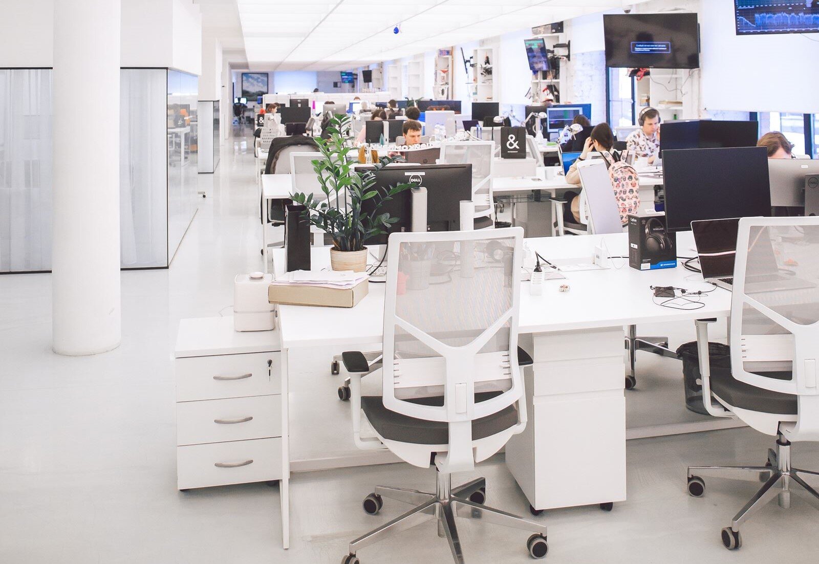 Zdjęcie przedstawia otwarte pomieszczenie biurowe. Po prawej stronie i pośrodku widoczne są ustawione w rzędach biurka, przy których stoją fotele obrotowe oraz niskie szafki na dokumenty. Na każdym z biurek widoczny jest monitor komputera lub laptop oraz akcesoria biurowe, takie jak: listwy, okablowanie, słuchawki, ruter, lampki. Na niektórych biurkach widać kwiatki w doniczkach. Przy części biurek siedzą osoby w różnym wieku, których wzrok skierowany jest na monitor komputera stojący przed nimi. Po prawej stronie widoczna jest ściana z oknami, podwieszonymi dużymi monitorami i regałami. Po lewej stronie widoczne są dwie białe kolumny. W głębi widoczne są kolejne stanowiska z biurkami i komputerami.