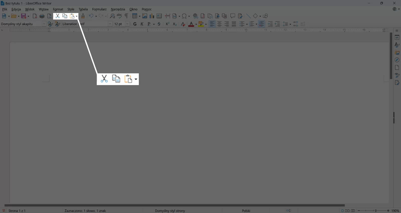 Zrzut okna programu OpenOffice Writer z zaznaczonymi elementami wycinania - nożyczek, kopiowania - dwie nałożone nieregularnie na siebie kartki papieru, wklejania - kartki papieru nałożonej na podkładkę z klipsem przeznaczoną do trzymania kartek papieru.