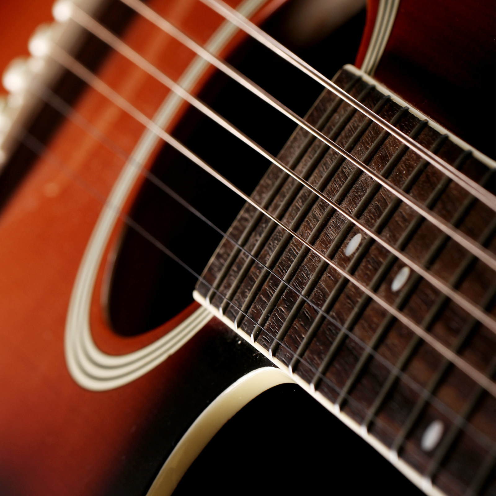 Ilustracja przedstawia gitarę w zbliżeniu. Widocznych jest pięć strun oraz metalowe progi.