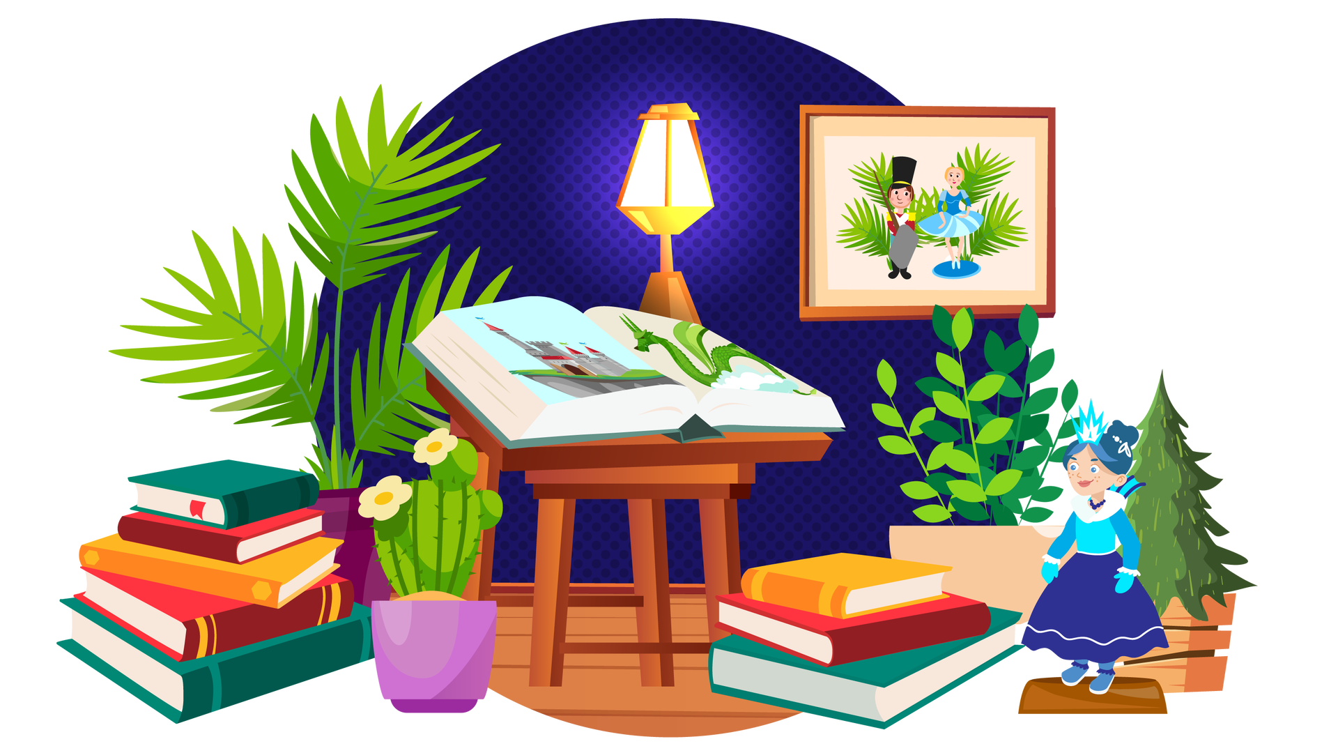 Ilustracja przedstawia pokój. W tle widać granatową ścianę w kropki, na której po prawej stronie wisi obrazek w brązowej ramce, przedstawiający dwie bajkowe figurki na tle zielonych liści palmowych. Figurka po lewej to ołowiany żołnierzyk. Ma brązowe włosy, wysoką czarną czapkę, czerwono‑żółty mundur, wysokie czarne buty, miecz i tarczę. Figurka po prawej to baletnica. Ma upięte blond włosy, niebieską sukienkę i błękitne baletki. Stoi w pozycji tanecznej na palcach. Na pierwszym planie, na drewnianej podłodze, stoi brązowy stojak, na którym leży otwarta książka. Na jednej stronie znajduje się ilustracja zamku, a na drugiej ilustracja zielonego smoka. Nad książką widać złotą lampę dającą jasne światło. Po lewej stronie stoją na podłodze duża zielona roślina w ciemnofioletowej donicy i zielony kaktus w jasnofioletowej donicy. Z kaktusa wyrastają dwa małe jasnożółte kwiatki. Obok leży stos pięciu książek w kolorowych okładkach. Dalej na prawo są jeszcze trzy książki ułożone jedna na drugiej. Za nimi jest zielona roślina w beżowej donicy, a obok niewielka choinka w brązowej skrzynce. Przed choinką stoi figurka Królowej Śniegu na drewnianej podstawce. Ma upięte niebieskie włosy, biało‑błękitną koronę, długą niebiesko‑granatową suknię z białym futerkiem wokół szyi, wysokie niebieskie buty, ciepłe błękitne rękawiczki i granatowe korale.