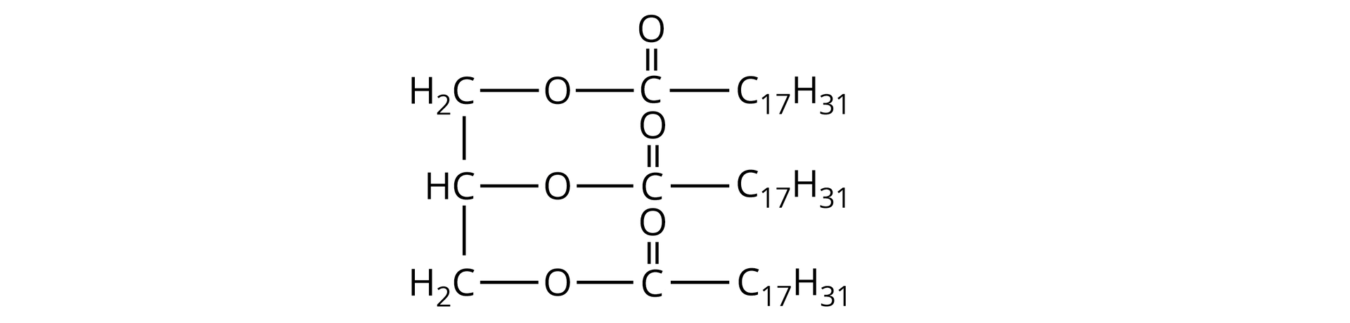 Na ilustracji jest wzór: składa się z trzech równoległych łańcuchów - pierwszy i trzeci szereg rozpoczyna się od grupy metylenowej, drugi od grupy CH. Każda z grup łączy się z grupą COO, która łączy się z grupą                C                 17                       H                 31         .