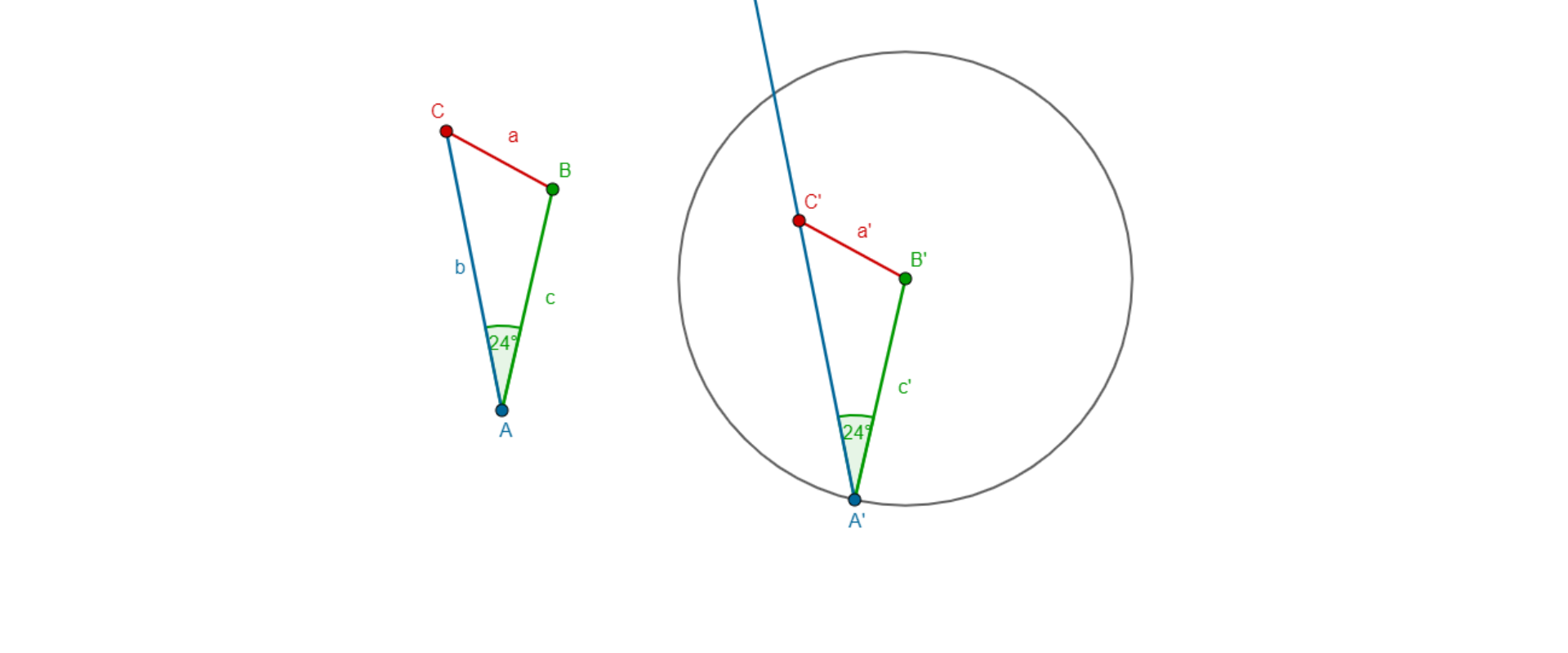 Na rysunku znajduje się trójkąt ABC o bokach długości a, b, c. Kąt CAB ma miarę dwadzieścia cztery stopnie. Obok trójkąta znajduje się trójkąt A prim B prim C prim o bokach długości a prim i b prim. Punkt B prim jest środkiem okręgu o promieniu c prim. Punkt C prim znajduje się na półprostej A prim C prim.