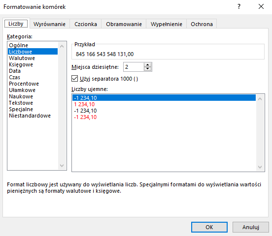 Ilustracja przedstawia otwarte okno programu zatytułowane Formatowanie komórek. U góry wybrano kategorię Liczby. Następnie po lewej w opcji Kategorie wybrano opcję liczbowe. Po prawej w opcji miejsca dziesiętne wybrano liczbę 2. Poniżej w opcji liczby ujemne wybrano opcję minus 1234,10. Na dole okna wybrano opcję OK. 