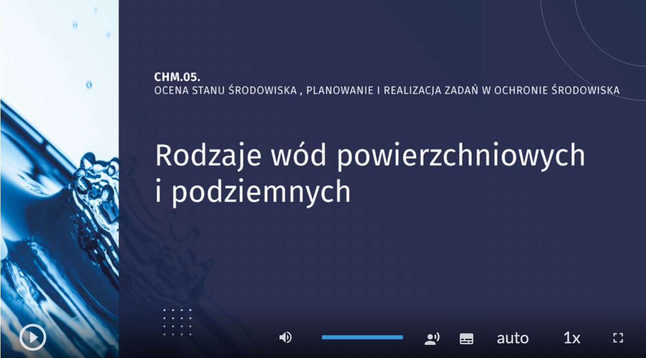 Ilustracja przedstawia zrzut ekranu z nagraniem filmowym CHM 02 Ocena stanu środowiska, planowanie i realizacja zadań w ochronie środowiska: Rodzaje wód podziemnych i powierzchniowych. W tle kropla wody uderzająca o powierzchnię wody. W dolnej części ekranu znajduje się pasek nawigacyjny, na którym są ikony. Ikona trójkąta odpowiedzialna jest za odtwarzanie filmu. Po jej kliknięciu zmienia się ona w symbol dwóch kresek co powoduje zatrzymanie odtwarzania. Dodatkowo obecny jest symbol głośnika, pozwalający na włączenie, wyłączenie i ustawienie głośności dźwięku. Oprócz tego obecna jest również ikona odpowiedzialna za włączenie napisów, zmianę jakości wyświetlanego materiału oraz zmianę jego prędkości odtwarzania. 