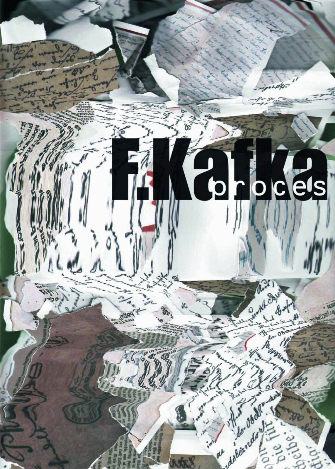 Ilustracja przedstawia plakat Piotra Florianowicza do sztuki "Proces" Franza Kafki. Ukazuje wiele odręcznie zapisanych skrawków papieru. Podarte kartki rozrzucone są na całej powierzchni plakatu. Niektóre graficznie zostały rozciągnięte. Na tym tle grubą, czarną czcionką zostało zapisane nazwisko autora dzieła - F. Kafka, a na nim cienką, białą czcionką tytuł - proces.