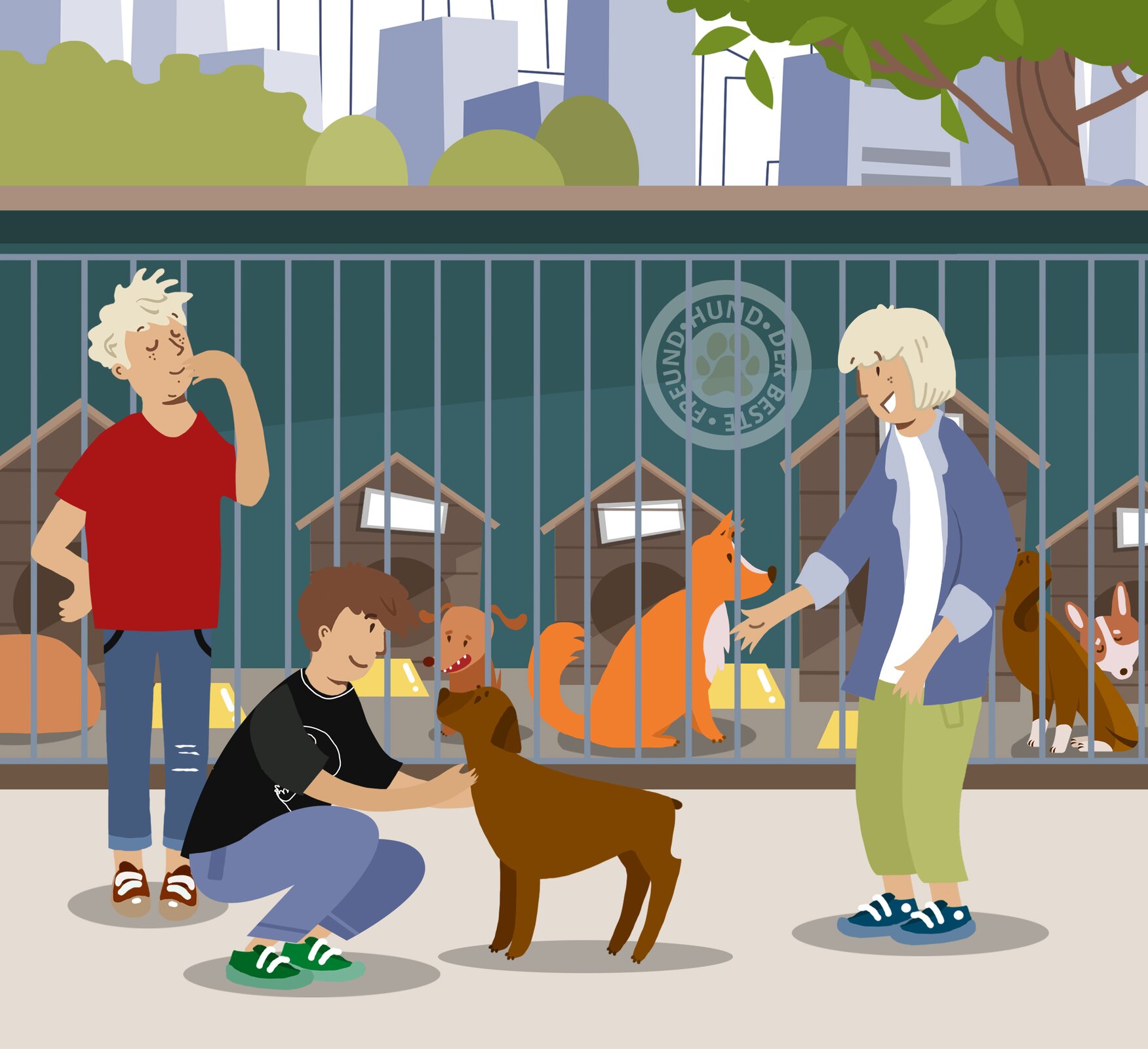 Ilustracja przedstawia scenę w schronisku, w której znajdują się boksy z psami, a przed nimi stoją 3 osoby wybierające psa do adopcji.