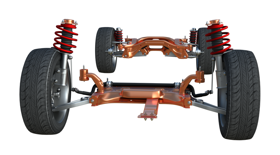 Ilustracja przedstawia układ zawieszenia w perspektywie. Z przodu widoczny jest układ zawieszenia znajdujący się w przedniej osi, w perspektywie za nią znajduje się w pomniejszeniu układ zawieszenia osi tylnej. Przednia oś jest wielowahaczowa, posiada zawieszenie niezależne; widać tu maglownicę, do której przytwierdzone są drążki łączące zwrotnice. Zwrotnica przykręcona jest dolną częścią przez wahacz dolny i górną przez wahacz górny. Zastosowano tu hydrauliczno‑pneumatyczne rozwiązanie dotyczące zawieszenia. Nie posiada ono żadnych sprężyn, ale siłowniki hydrauliczno‑pneumatyczne po lewej i prawej stronie. Po obu stronach znajdują się również koła jezdne z oponami z wyraźnie zarysowanym bieżnikiem. Tylna oś na rysunku jest pokazana w dalszej perspektywie. Jest to konstrukcja poprzeczna, w jej skład wchodzi korpus, do którego przytwierdzony jest tylny most oraz wahacze górne i dolne. Z tylnego mostu wychodzą dwie półosie: lewa i prawa, które łączą się ze zwrotnicami. Po obu stronach widać także amortyzatory oraz drążki stabilizatora. Zwrotnice przykręcone są do wahacza dolnego i górnego, na nich osadzone są piasty, hamulce i koła jezdne z czarnymi oponami.