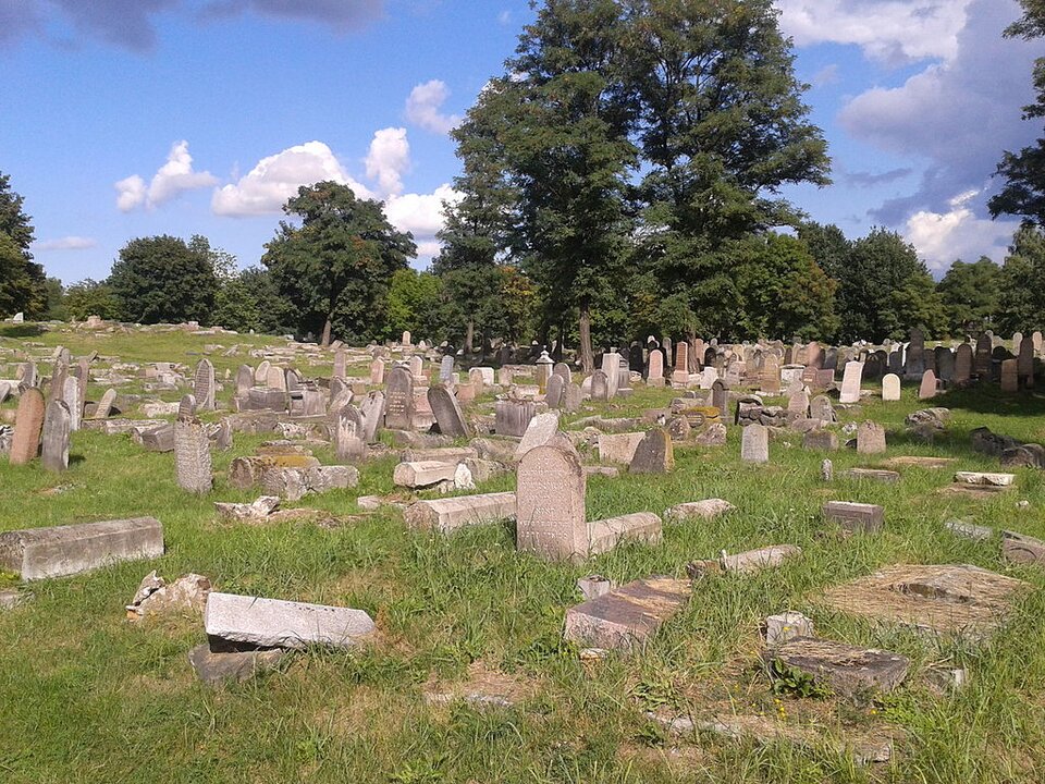 Zdjęcie przedstawia stary cmentarz. Znajdują się na nim macewy, większość z nich jest zniszczona. Pomiędzy nimi rośnie trawa. W tle są drzewa oraz niebo z chmurami.