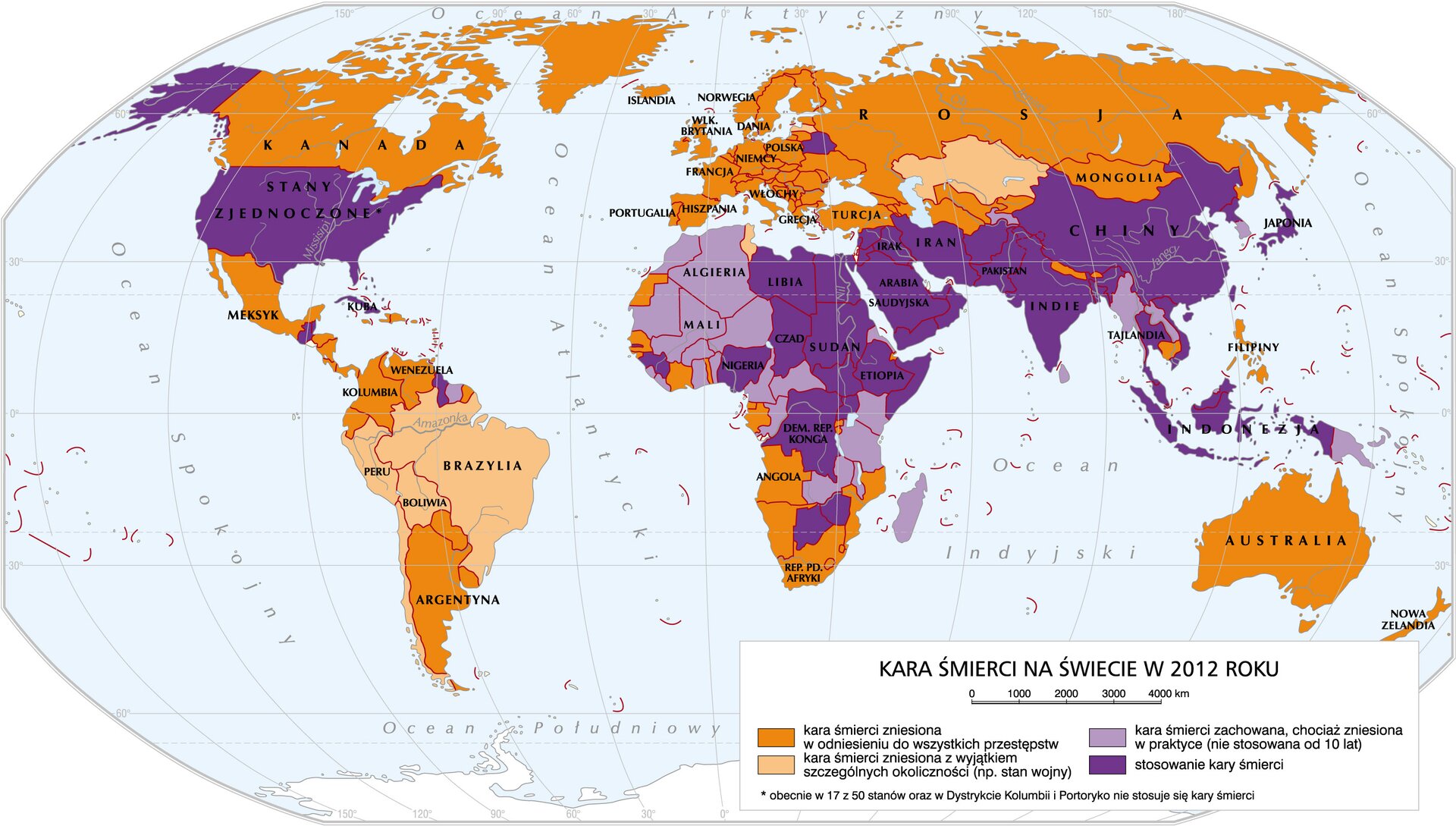 Na ilustracji znajduje się mapa ukazująca stosowanie kary śmierci przez poszczególne kraje na świecie.