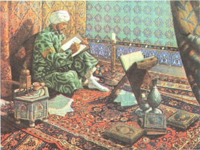Obraz przedstawia mężczyznę ubranego w zielone szaty i biały turban. Siedzi on na dywanie i coś zapisuje. Wokół niego leża liczne naczynia i książki oraz zapalona świeca.  