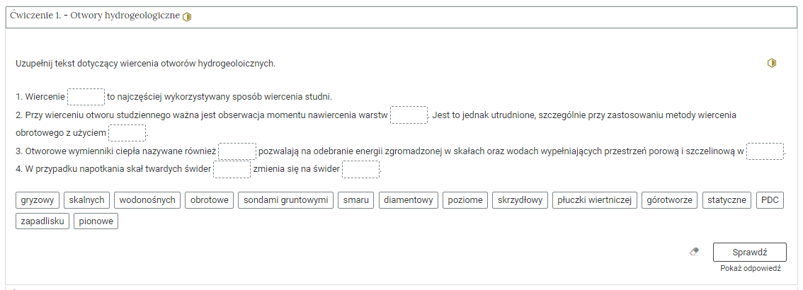 Zdjęcie przedstawia otwartą zakładkę z przykładowym zadaniem. Pod nazwą zakładki znajduje się polecenie. Pod poleceniem widać treść zadania z odpowiedziami do wyboru. Po prawej stronie polecenia widać zielony sześciokąt. Poniżej zadania, po prawej stronie panelu znajduje się ikona sprawdź. Po jej lewej stronie widać symbol gumki. Poniżej przycisku sprawdź znajduje się napis pokaż odpowiedź.