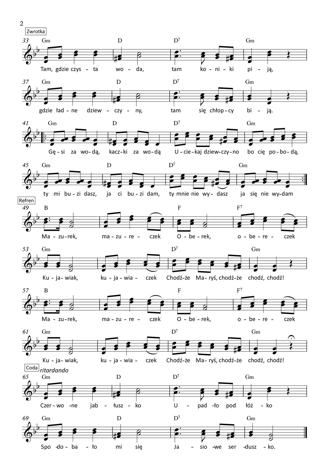 Grafika przedstawia partyturę utworu „Czerwone Jabłuszko”, który jest napisany w metrum trzy czwarte, w tonacji g‑moll. Partytura ma dwie strony, na których zapisano siedemdziesiąt dwa takty. Melodię zapisano w kluczu wiolinowym, a pod nutami zanotowano tekst. Wszystkie dźwięki należą do oktaw małej, razkreślnej oraz dwukreślnej. To jest opis drugiej strony partytury.
W taktach od trzydziestego trzeciego do czterdziestego ósmego zapisano drugą zwrotkę utworu. W trzydziestym trzecim takcie w górnym głosie na pierwszą miarę śpiewane są ósemki g oraz b, na miary drugą oraz trzecią wykonywane są dwie ćwierćnuty d. W głosie dolnym na pierwszą miarę śpiewane są ósemki d oraz g, natomiast na miary drugą oraz trzecią po ćwierćnucie b. Nad taktem zapisano akord g‑moll. W takcie trzydziestym czwartym w górnym głosie na pierwszą miarę śpiewana jest ćwierćnuta a, a na miary drugą oraz trzecią półnuta c. W głosie dolnym na pierwszą miarę śpiewana jest ćwierćnuta dis, a na miary drugą oraz trzecią półnuta a. Nad taktem zapisano akord D‑dur. W trzydziestym piątym takcie na w górnym głosie pierwszą miarę śpiewana jest ćwierćnuta z kropką d, dalej ósemka c, a na miarę trzecią ósemki b oraz a. W głosie dolnym na pierwszą miarę śpiewana jest ćwierćnuta z kropką a, dalej ósemka a, a na miarę trzecią ósemki g oraz fis. Nad taktem zapisano akord: dominantę septymową D. W trzydziestym szóstym takcie w górnym głosie na pierwszą miarę śpiewana jest ćwierćnuta g, na miarę drugą ćwierćnuta d, natomiast na trzecią miarę zapisano pauzę ćwierćnutową. W głosie dolnym na pierwszą miarę śpiewana jest ćwierćnuta d, na miarę drugą ćwierćnuta b, a na trzecią miarę zapisano pauzę ćwierćnutową. Nad taktem zapisano akord g‑moll.
W trzydziestym siódmym takcie w górnym głosie na pierwszą miarę śpiewane są ósemki g oraz b, na miary drugą oraz trzecią wykonywane są dwie ćwierćnuty d. W głosie dolnym na pierwszą miarę śpiewane są ósemki d oraz g, natomiast na miary drugą oraz trzecią po ćwierćnucie b. Nad taktem zapisano akord g‑moll. W takcie trzydziestym ósmym w górnym głosie na pierwszą miarę śpiewana jest ćwierćnuta a, a na miary drugą oraz trzecią półnuta c. W głosie dolnym na pierwszą miarę śpiewana jest ćwierćnuta dis, a na miary drugą oraz trzecią półnuta a. Nad taktem zapisano akord D‑dur. W trzydziestym dziewiątym takcie na w górnym głosie pierwszą miarę śpiewana jest ćwierćnuta z kropką d, dalej ósemka c, a na miarę trzecią ósemki b oraz a. W głosie dolnym na pierwszą miarę śpiewana jest ćwierćnuta z kropką a, dalej ósemka a, a na miarę trzecią ósemki g oraz fis. Nad taktem zapisano akord: dominantę septymową D. W czterdziestym takcie w górnym głosie na pierwszą miarę śpiewana jest ćwierćnuta b, na miarę drugą ćwierćnuta g, natomiast na trzecią miarę zapisano pauzę ćwierćnutową. W głosie dolnym na pierwszą miarę śpiewana jest ćwierćnuta g, na miarę drugą ćwierćnuta d, a na trzecią miarę zapisano pauzę ćwierćnutową. Nad taktem zapisano akord g‑moll.
W czterdziestym pierwszym takcie w górnym głosie na pierwszą miarę śpiewane są ósemki g oraz a, na miarę drugą ósemki b oraz a, a na miarę trzecią ćwierćnuta g. W głosie dolnym na pierwszą miarę śpiewane są ósemki d oraz g, na miarę drugą dwa razy ósemka g, na trzecią miarę ćwierćnuta d. Nad taktem zapisano akord g‑moll, a przed taktem początek repetycji. W czterdziestym drugim takcie w górnym głosie na pierwszą miarę śpiewane są ósemki fis oraz g, na miarę drugą ósemki a oraz fis, a na miarę trzecią ćwierćnuta d. W głosie dolnym na pierwszą miarę śpiewana jest dwa razy ósemka d, na miarę drugą ósemki fis oraz d, natomiast na trzecią miarę ćwierćnuta d. Nad taktem zapisano akord D‑dur. W czterdziestym trzecim takcie w górnym głosie na pierwszą miarę śpiewane są ósemki d oraz es, na miarę drugą ósemki d oraz c, a na trzecią miarę ósemki b oraz a. W głosie dolnym na pierwszą miarę śpiewane są ósemki a oraz c, na miarę drugą dwa razy ósemka a, na trzecią miarę dwa razy ósemka fis. Nad taktem zapisano akord: dominantę septymową D. W czterdziestym czwartym takcie w górnym głosie na pierwszą miarę śpiewane są ósemki g oraz a, na miarę drugą ósemki b oraz c, natomiast na miarę trzecią ćwierćnuta d. W głosie dolnym na pierwszą miarę śpiewane są ósemki d oraz g, na miarę drugą ósemki g oraz a, natomiast na trzecią miarę ćwierćnuta b. Nad taktem zapisano akord g‑moll.
W czterdziestym piątym pierwszym takcie w górnym głosie na pierwszą miarę śpiewane są ósemki g oraz a, na miarę drugą ósemki b oraz a, a na miarę trzecią ćwierćnuta g. W głosie dolnym na pierwszą miarę śpiewane są ósemki d oraz g, na miarę drugą dwa razy ósemka g, na trzecią miarę ćwierćnuta d. Nad taktem zapisano akord g‑moll. W czterdziestym szóstym takcie w górnym głosie na pierwszą miarę śpiewane są ósemki cis oraz d, na miarę drugą ósemki e oraz cis, a na pierwszą miarę śpiewane są ósemki fis oraz g, na miarę drugą ósemki a oraz fis, a na miarę trzecią ćwierćnuta d. W głosie dolnym na pierwszą miarę śpiewana jest dwa razy ósemka d, na miarę drugą ósemki fis oraz d, natomiast na trzecią miarę ćwierćnuta d. Nad taktem zapisano akord D‑dur. W czterdziestym siódmym takcie w górnym głosie na pierwszą miarę śpiewane są ósemki d oraz es, na miarę drugą ósemki d oraz c, a na trzecią miarę ósemki b oraz a, z czego dwie ostatnie z artykulacją legato. W głosie dolnym na pierwszą miarę śpiewane są ósemki a oraz c, na miarę drugą dwa razy ósemka a, na trzecią miarę dwa razy ósemka fis. Nad taktem zapisano akord: dominantę septymową D. W czterdziestym ósmym takcie w górnym głosie na pierwszą miarę śpiewane są ósemki g oraz a, na miarę drugą ósemki b oraz a, natomiast na miarę trzecią ćwierćnuta g. W dolnym głosie na pierwszą miarę śpiewane są ósemki d oraz g, na miarę drugą dwa razy ósemka g, natomiast na miarę trzecią ćwierćnuta d. Nad taktem zapisano akord g‑moll, a po takcie koniec repetycji.
W taktach od czterdziestego dziewiątego do sześćdziesiątego czwartego zapisano refren utworu. W takcie czterdziestym dziewiątym w górnym głosie na pierwszą miarę śpiewana jest ósemka z kropką d oraz szesnastka d, natomiast na miary drugą oraz trzecią półnuta b. W głosie dolnym na pierwszą miarę śpiewana jest ósemka z kropką b oraz szesnastka b, a na miary drugą oraz trzecią półnuta f. Nad taktem zapisano akord B‑dur. W takcie pięćdziesiątym w górnym głosie na pierwszą miarę śpiewane są ósemki b oraz d, na miarę drugą ćwierćnuta f, natomiast na miarę trzecią ósemki es oraz d z artykulacją legato. W głosie dolnym na pierwszą miarę śpiewane są ósemki f oraz b, na miarę drugą ćwierćnuta d, natomiast na miarę trzecią ósemki c oraz b z artykulacją legato. Nad taktem zapisano akord B‑dur. W takcie pięćdziesiątym pierwszym w górnym głosie na pierwszą miarę śpiewane są dwie ósemki c, natomiast na miary drugą oraz trzecią półnuta a. W głosie dolnym na pierwszą miarę śpiewane są dwie ósemki a, natomiast na miary drugą oraz trzecią półnuta f. Nad taktem zapisano akord F‑dur. W takcie pięćdziesiątym drugim w górnym głosie na pierwszą miarę śpiewane są ósemki a oraz c, na miarę drugą ćwierćnuta es, natomiast na miarę trzecią ósemki f oraz a z artykulacją staccato. W głosie dolnym na pierwszą miarę śpiewane są ósemki f oraz a, na miarę drugą ćwierćnuta c, a na trzecią miarę ósemki b oraz a z artykulacją legato. Nad taktem zapisano akord: dominantę septymową F.
W takcie pięćdziesiątym trzecim w górnym głosie na pierwszą miarę śpiewane są dwie ósemki b, a na miary drugą oraz trzecią półnuta g. W głosie dolnym na pierwszą miarę śpiewane są dwie ósemki g, natomiast na miary drugą oraz trzecią półnuta d. Nad taktem zapisano akord g‑moll. W pięćdziesiątym czwartym takcie w górnym głosie na pierwszą miarę śpiewane są ósemki g oraz b, na miarę drugą ćwierćnuta d, natomiast na miarę trzecią ósemki c oraz b z artykulacją legato. W głosie dolnym na pierwszą miarę śpiewane są ósemki d oraz g, na miarę drugą ćwierćnuta b, natomiast na miarę trzecią ósemki a oraz g z artykulacją legato. Nad taktem zapisano akord g‑moll. W takcie pięćdziesiątym piątym w górnym głosie na pierwszą miarę śpiewane są ósemki d oraz es, na miarę drugą ósemki d oraz c, natomiast na miarę trzecią ósemki b oraz a. W głosie dolnym na pierwszą miarę śpiewane są ósemki a oraz c, na miarę drugą ósemki b oraz a, natomiast na miarę trzecią ósemki g oraz fis. Nad taktem zapisano akord: dominantę septymową D. W pięćdziesiątym szóstym takcie w górnym głosie na pierwsze dwie miary śpiewane są dwie ćwierćnuty g, a na miarę trzecią zapisano pauzę ćwierćnutową. W głosie dolnym na pierwsze dwie miary śpiewane są dwie ćwierćnuty d, natomiast na miarę trzecią zaznaczono pauzę ćwierćnutową. Nad taktem zapisano akord g‑moll.
W takcie pięćdziesiątym siódmym w górnym głosie na pierwszą miarę śpiewana jest ósemka z kropką d oraz szesnastka d, natomiast na miary drugą oraz trzecią półnuta b. W głosie dolnym na pierwszą miarę śpiewana jest ósemka z kropką b oraz szesnastka b, a na miary drugą oraz trzecią półnuta f. Nad taktem zapisano akord B‑dur. W takcie pięćdziesiątym ósmym w górnym głosie na pierwszą miarę śpiewane są ósemki b oraz d, na miarę drugą ćwierćnuta f, natomiast na miarę trzecią ósemki es oraz d z artykulacją legato. W głosie dolnym na pierwszą miarę śpiewane są ósemki f oraz b, na miarę drugą ćwierćnuta d, natomiast na miarę trzecią ósemki c oraz b z artykulacją legato. Nad taktem zapisano akord B‑dur. W takcie pięćdziesiątym dziewiątym w górnym głosie na pierwszą miarę śpiewane są dwie ósemki c, natomiast na miary drugą oraz trzecią półnuta a. W głosie dolnym na pierwszą miarę śpiewane są dwie ósemki a, natomiast na miary drugą oraz trzecią półnuta f. Nad taktem zapisano akord F‑dur. W takcie sześćdziesiątym w górnym głosie na pierwszą miarę śpiewane są ósemki a oraz c, na miarę drugą ćwierćnuta es, natomiast na miarę trzecią ósemki f oraz a z artykulacją staccato. W głosie dolnym na pierwszą miarę śpiewane są ósemki f oraz a, na miarę drugą ćwierćnuta c, a na trzecią miarę ósemki b oraz a z artykulacją legato. Nad taktem zapisano akord: dominantę septymową F.
W takcie sześćdziesiątym pierwszym w górnym głosie na pierwszą miarę śpiewane są dwie ósemki b, a na miary drugą oraz trzecią półnuta g. W głosie dolnym na pierwszą miarę śpiewane są dwie ósemki g, natomiast na miary drugą oraz trzecią półnuta d. Nad taktem zapisano akord g‑moll. W sześćdziesiątym drugim takcie w górnym głosie na pierwszą miarę śpiewane są ósemki g oraz b, na miarę drugą ćwierćnuta d, natomiast na miarę trzecią ósemki c oraz b z artykulacją legato. W głosie dolnym na pierwszą miarę śpiewane są ósemki d oraz g, na miarę drugą ćwierćnuta b, natomiast na miarę trzecią ósemki a oraz g z artykulacją legato. Nad taktem zapisano akord g‑moll. W takcie sześćdziesiątym trzecim w górnym głosie na pierwszą miarę śpiewane są ósemki d oraz es, na miarę drugą ósemki d oraz c, natomiast na miarę trzecią ósemki b oraz a. W głosie dolnym na pierwszą miarę śpiewane są ósemki a oraz c, na miarę drugą ósemki b oraz a, natomiast na miarę trzecią ósemki g oraz fis. Nad taktem zapisano akord: dominantę septymową D. W sześćdziesiątym czwartym takcie w górnym głosie na pierwsze dwie miary śpiewane są dwie ćwierćnuty g, a na miarę trzecią zapisano pauzę ćwierćnutową. W głosie dolnym na pierwsze dwie miary śpiewane są dwie ćwierćnuty d, natomiast na miarę trzecią zaznaczono pauzę ćwierćnutową, nad którą zapisano fermatę. Nad taktem zapisano akord g‑moll.
W taktach od sześćdziesiątego piątego do siedemdziesiątego drugiego zapisano codę (zakończenie) utworu. W sześćdziesiątym piątym takcie w górnym głosie na pierwszą miarę śpiewane są ósemki g oraz b, na miary drugą oraz trzecią wykonywane są dwie ćwierćnuty d. W głosie dolnym na pierwszą miarę śpiewane są ósemki d oraz g, natomiast na miary drugą oraz trzecią po ćwierćnucie b. Nad taktem zapisano akord g‑moll oraz ritardando. W takcie sześćdziesiątym szóstym w górnym głosie na pierwszą miarę śpiewana jest ćwierćnuta a, a na miary drugą oraz trzecią półnuta c. W głosie dolnym na pierwszą miarę śpiewana jest ćwierćnuta dis, a na miary drugą oraz trzecią półnuta a. Nad taktem zapisano akord D‑dur. W sześćdziesiątym siódmym takcie na w górnym głosie pierwszą miarę śpiewana jest ćwierćnuta z kropką d, dalej ósemka c, a na miarę trzecią ósemki b oraz a. W głosie dolnym na pierwszą miarę śpiewana jest ćwierćnuta z kropką a, dalej ósemka a, a na miarę trzecią ósemki g oraz fis. Nad taktem zapisano akord: dominantę septymową D. W sześćdziesiątym ósmym takcie w górnym głosie na pierwszą miarę śpiewana jest ćwierćnuta g, na miarę drugą ćwierćnuta d, natomiast na trzecią miarę zapisano pauzę ćwierćnutową. W głosie dolnym na pierwszą miarę śpiewana jest ćwierćnuta d, na miarę drugą ćwierćnuta b, a na trzecią miarę zapisano pauzę ćwierćnutową. Nad taktem zapisano akord g‑moll.
W sześćdziesiątym dziewiątym takcie w górnym głosie na pierwszą miarę śpiewane są ósemki g oraz b, na miary drugą oraz trzecią wykonywane są dwie ćwierćnuty d. W głosie dolnym na pierwszą miarę śpiewane są ósemki d oraz g, natomiast na miary drugą oraz trzecią po ćwierćnucie b. Nad taktem zapisano akord g‑moll. W takcie siedemdziesiątym w górnym głosie na pierwszą miarę śpiewana jest ćwierćnuta a, a na miary drugą oraz trzecią półnuta c. W głosie dolnym na pierwszą miarę śpiewana jest ćwierćnuta dis, a na miary drugą oraz trzecią półnuta a. Nad taktem zapisano akord D‑dur. W siedemdziesiątym pierwszym takcie na w górnym głosie pierwszą miarę śpiewana jest ćwierćnuta z kropką d, dalej ósemka c, a na miarę trzecią ósemki b oraz a. W głosie dolnym na pierwszą miarę śpiewana jest ćwierćnuta z kropką a, dalej ósemka a, a na miarę trzecią ósemki g oraz fis. Nad taktem zapisano akord: dominantę septymową D. W siedemdziesiątym drugim takcie w górnym głosie na pierwszą miarę śpiewana jest ćwierćnuta b, natomiast na miary drugą oraz trzecią półnuta g. W głosie dolnym na pierwszą miarę śpiewana jest ćwierćnuta g, natomiast na miary drugą oraz trzecią półnuta d. Nad taktem zapisano akord g‑moll.