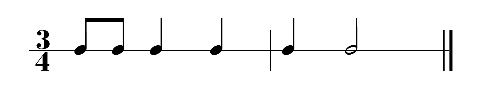 Grafika przedstawia zapis rytmu Mazura. Pierwszy takt rozpoczyna się od dwóch ósemek, na drugą oraz trzecią miarę grane są ćwierćnuty. Drugi takt rozpoczyna się od ćwierćnuty, na drugą miarę grana jest półnuta.