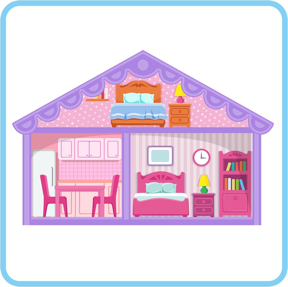 Ilustracja przedstawia pudełko z domkiem dla lalek. Domek składa się z kuchni i dwóch sypialni.